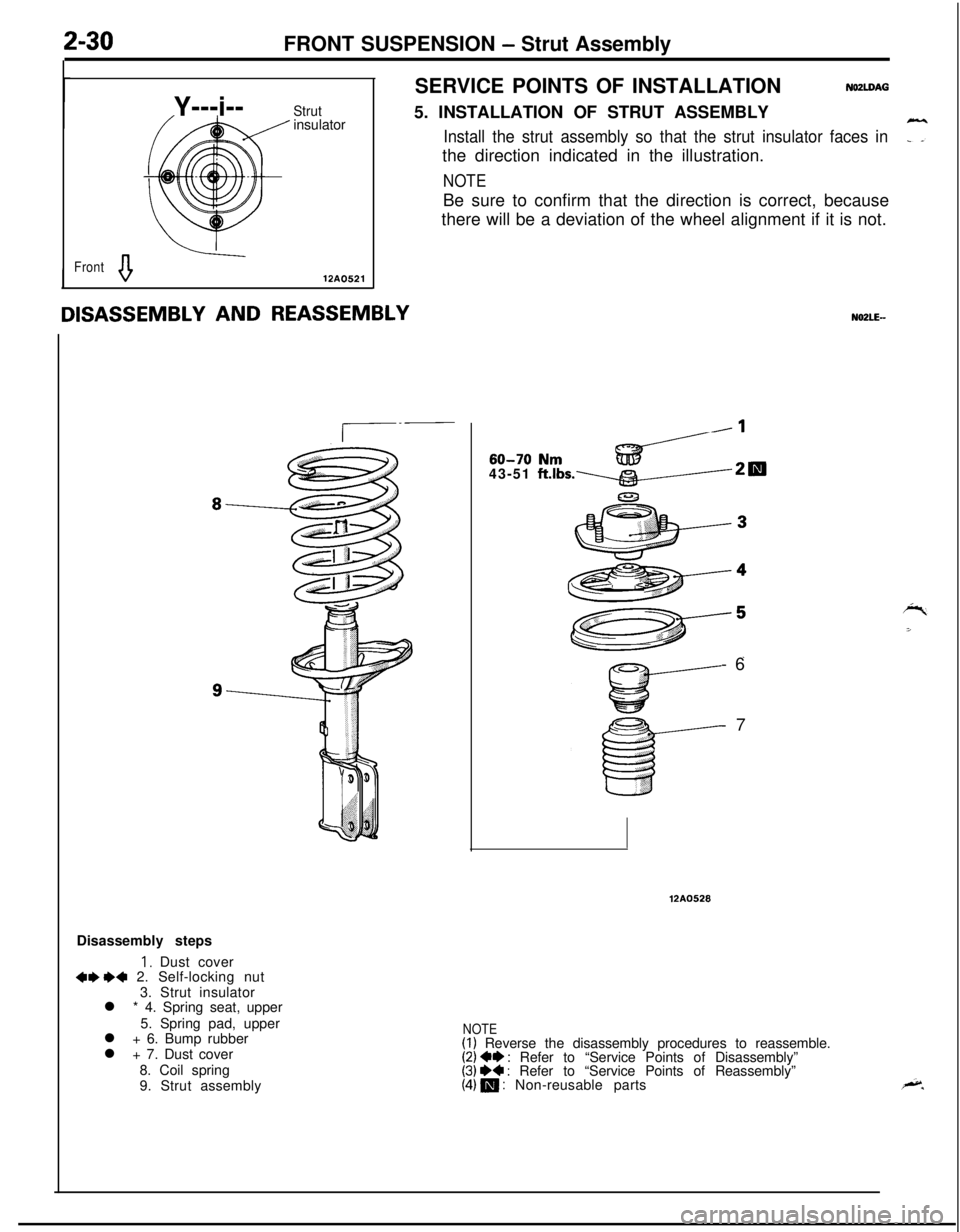 MITSUBISHI ECLIPSE 1991 Service Manual 2-30FRONT SUSPENSION - Strut Assembly
Y---i--
Strutinsulator
Fronta12A0521SERVICE POINTS OF INSTALLATION
NOZLDAG5. INSTALLATION OF STRUT ASSEMBLY
Install the strut assembly so that the strut insulator MITSUBISHI ECLIPSE 1991 Service Manual 2-30FRONT SUSPENSION - Strut Assembly
Y---i--
Strutinsulator
Fronta12A0521SERVICE POINTS OF INSTALLATION
NOZLDAG5. INSTALLATION OF STRUT ASSEMBLY
Install the strut assembly so that the strut insulator