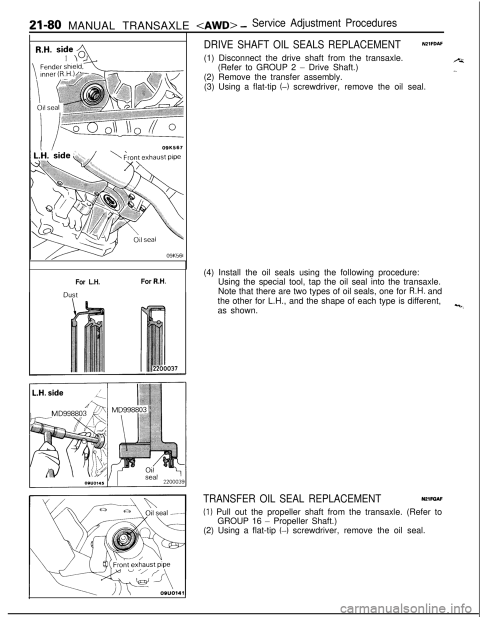 MITSUBISHI ECLIPSE 1991 Service Manual 21-80 MANUAL TRANSAXLE <AWD> -Service Adjustment Procedures
I I09K567
09K561
For L.H.For R.H.
DRIVE SHAFT OIL SEALS REPLACEMENTNZlFDAF(1) Disconnect the drive shaft from the transaxle.
(Refer to GROUP MITSUBISHI ECLIPSE 1991 Service Manual 21-80 MANUAL TRANSAXLE <AWD> -Service Adjustment Procedures
I I09K567
09K561
For L.H.For R.H.
DRIVE SHAFT OIL SEALS REPLACEMENTNZlFDAF(1) Disconnect the drive shaft from the transaxle.
(Refer to GROUP