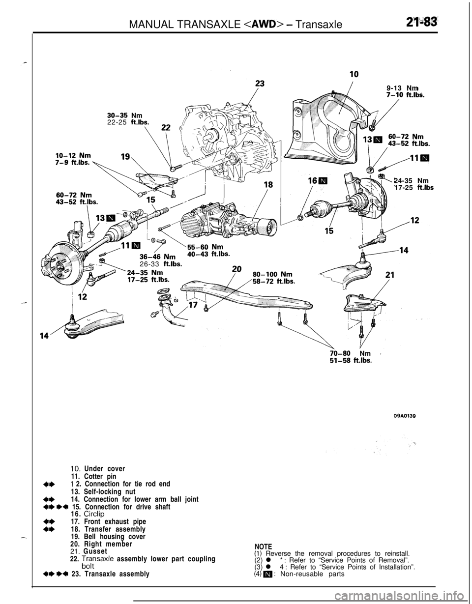 MITSUBISHI ECLIPSE 1991 Service Manual MANUAL TRANSAXLE <AWD> - Transaxle
4*
4*
30-35 Nm
22-25 ft.lbs.
\
/9-13 Nm7-10 ft.lbs.24-35 Nm
17-25
ftibs26-33 ft.lbs.
70-80 Nm r51-58 ft.lbs.09A013910. Under cover
11. Cotter pinI 2. Connection for MITSUBISHI ECLIPSE 1991 Service Manual MANUAL TRANSAXLE <AWD> - Transaxle
4*
4*
30-35 Nm
22-25 ft.lbs.
\
/9-13 Nm7-10 ft.lbs.24-35 Nm
17-25
ftibs26-33 ft.lbs.
70-80 Nm r51-58 ft.lbs.09A013910. Under cover
11. Cotter pinI 2. Connection for