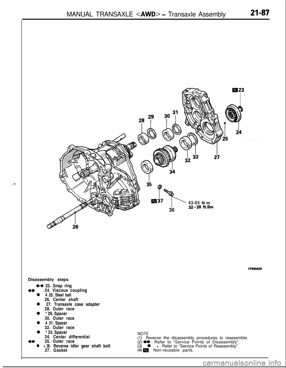 MITSUBISHI ECLIPSE 1991 Repair Manual --
MANUAL TRANSAXLE <AWD> - Transaxle Assembly21-81
i5 r)
p$---al3743-55 Nm
3632-39 ft.lbs.
TFM0029Disassembly steps
I)+ 23. Snap ring
4*24. Viscous couplingl 4 25. Steel ball26. Center shaft
l 27. Tr MITSUBISHI ECLIPSE 1991 Repair Manual --
MANUAL TRANSAXLE <AWD> - Transaxle Assembly21-81
i5 r)
p$---al3743-55 Nm
3632-39 ft.lbs.
TFM0029Disassembly steps
I)+ 23. Snap ring
4*24. Viscous couplingl 4 25. Steel ball26. Center shaft
l 27. Tr