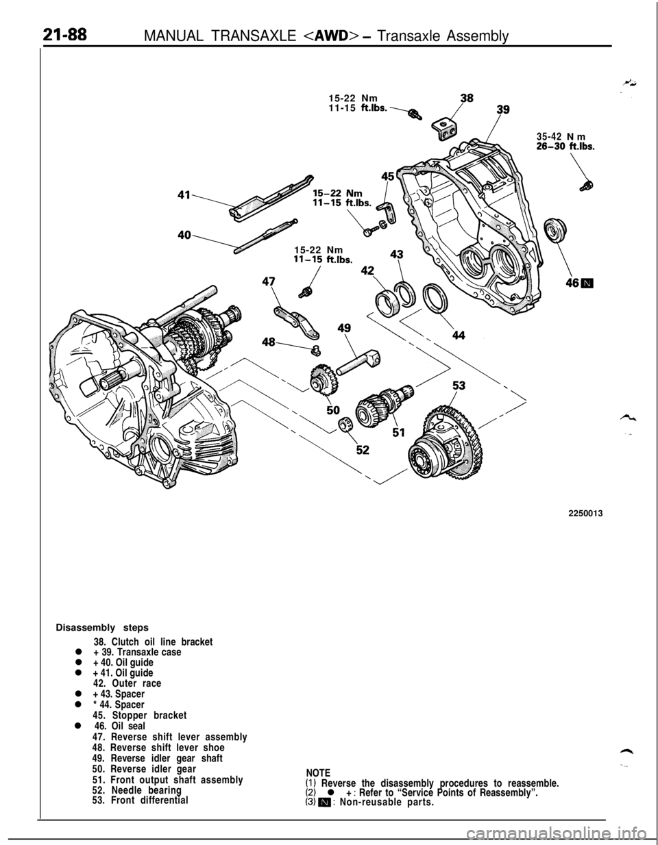 MITSUBISHI ECLIPSE 1991 Repair Manual 21-88MANUAL TRANSAXLE <AWD> - Transaxle Assembly15-22 Nm
11-15 ft.lbs.
-.@&35-42 Nm
26-30 ft.lbs.
\15-22 Nm
11-15 ft.lbs.
/4?2250013
Disassembly steps
38. Clutch oil line bracket
l + 39. Transaxle cas MITSUBISHI ECLIPSE 1991 Repair Manual 21-88MANUAL TRANSAXLE <AWD> - Transaxle Assembly15-22 Nm
11-15 ft.lbs.
-.@&35-42 Nm
26-30 ft.lbs.
\15-22 Nm
11-15 ft.lbs.
/4?2250013
Disassembly steps
38. Clutch oil line bracket
l + 39. Transaxle cas