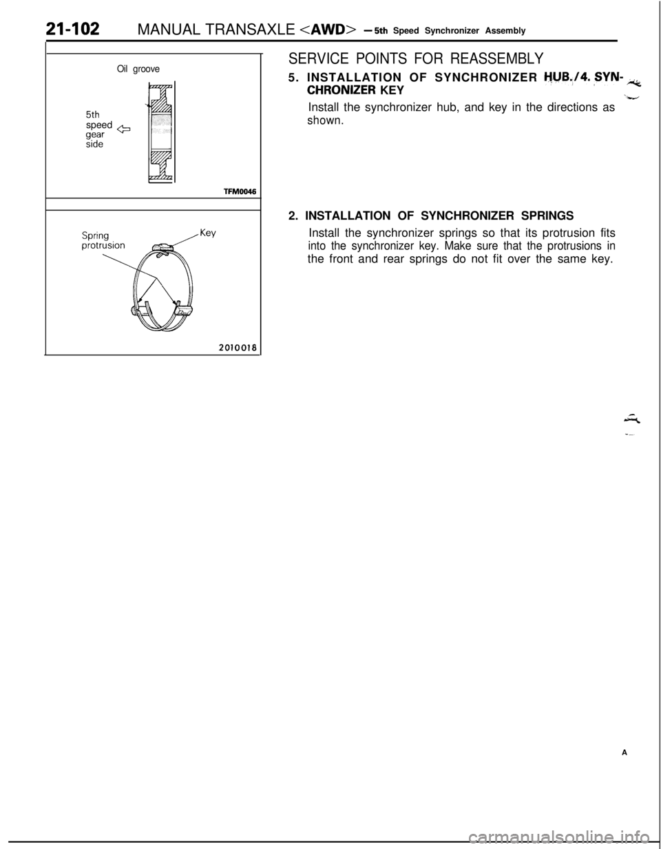 MITSUBISHI ECLIPSE 1991 Owners Guide 21-102MANUAL TRANSAXLE <AWD>- 5th Speed Synchronizer Assembly
Oil groove
5thspeed +
$2
TFM0046
201001a,
SERVICE POINTS FOR REASSEMBLY5. INSTALLATION OF SYNCHRONIZER
tjyB.,/4. ,SYN- iic;
CHRONIZER KEY MITSUBISHI ECLIPSE 1991 Owners Guide 21-102MANUAL TRANSAXLE <AWD>- 5th Speed Synchronizer Assembly
Oil groove
5thspeed +
$2
TFM0046
201001a,
SERVICE POINTS FOR REASSEMBLY5. INSTALLATION OF SYNCHRONIZER
tjyB.,/4. ,SYN- iic;
CHRONIZER KEY