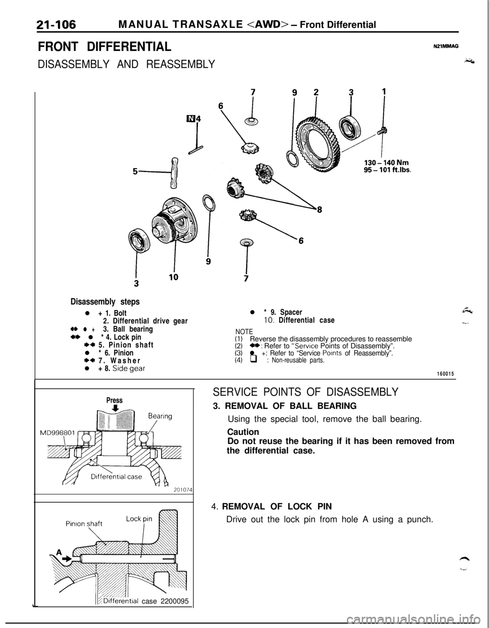 MITSUBISHI ECLIPSE 1991 Manual PDF 21-106MANUAL TRANSAXLE <AWD> - Front Differential
FRONT DIFFERENTIAL
DISASSEMBLY AND REASSEMBLY
NZIMMAG
i;&
Disassembly stepsl + 1. Bolt
2. Differential drive gear
** l +3. Ball bearing+* l * 4. Lock MITSUBISHI ECLIPSE 1991 Manual PDF 21-106MANUAL TRANSAXLE <AWD> - Front Differential
FRONT DIFFERENTIAL
DISASSEMBLY AND REASSEMBLY
NZIMMAG
i;&
Disassembly stepsl + 1. Bolt
2. Differential drive gear
** l +3. Ball bearing+* l * 4. Lock