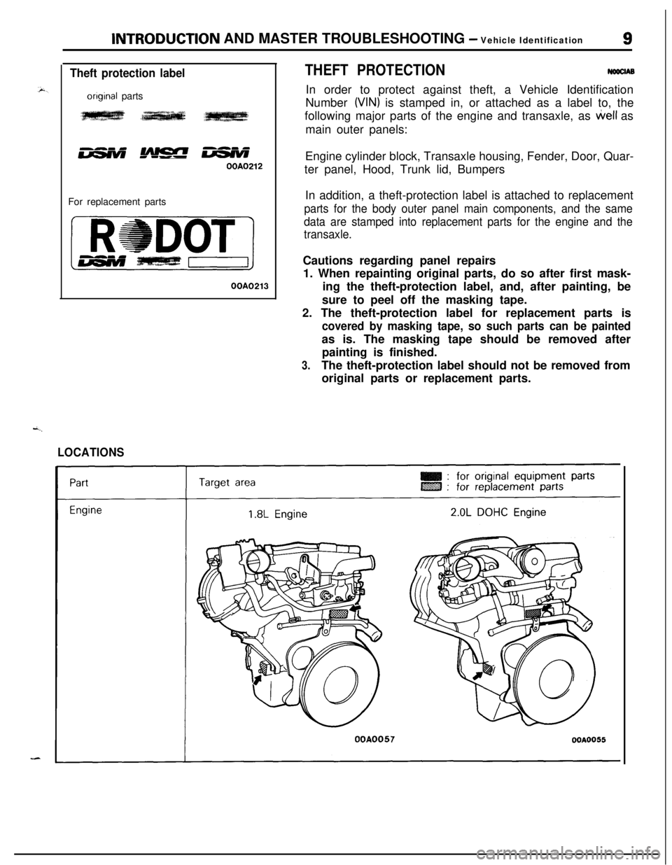 MITSUBISHI ECLIPSE 1991 Service Manual INTRODUCTlON AND MASTER TROUBLESHOOTING - Vehicle Identification9
Theft protection label
onginal parts
w ,IeIW
B ,w w
OOA0212For replacement parts
OOA0213
LOCATIONS
THEFT PROTECTIONNowlABIn order to p MITSUBISHI ECLIPSE 1991 Service Manual INTRODUCTlON AND MASTER TROUBLESHOOTING - Vehicle Identification9
Theft protection label
onginal parts
w ,IeIW
B ,w w
OOA0212For replacement parts
OOA0213
LOCATIONS
THEFT PROTECTIONNowlABIn order to p