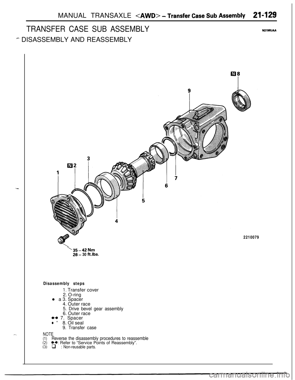 MITSUBISHI ECLIPSE 1991  Service Manual MANUAL TRANSAXLE <AWD> - Transfer Case Sub Assembly21;129
TRANSFER CASE SUB ASSEMBLYN21MUAA
- DISASSEMBLY AND REASSEMBLY
I-
-2210079
‘35-42Nm26 - 30 ft.lbs.
Disassembly steps
I. Transfer cover
2. O-