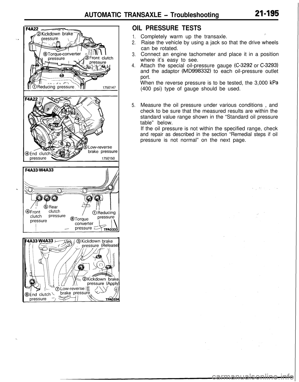MITSUBISHI ECLIPSE 1991 Service Manual AUTOMATIC TRANSAXLE - Troubleshooting21495
OIL PRESSURE TESTS
1.
2.
3.
4.
5.Completely warm up the transaxle.
.”Raise the vehicle by using a jack so that the drive wheels
can be rotated.
Connect an MITSUBISHI ECLIPSE 1991 Service Manual AUTOMATIC TRANSAXLE - Troubleshooting21495
OIL PRESSURE TESTS
1.
2.
3.
4.
5.Completely warm up the transaxle.
.”Raise the vehicle by using a jack so that the drive wheels
can be rotated.
Connect an