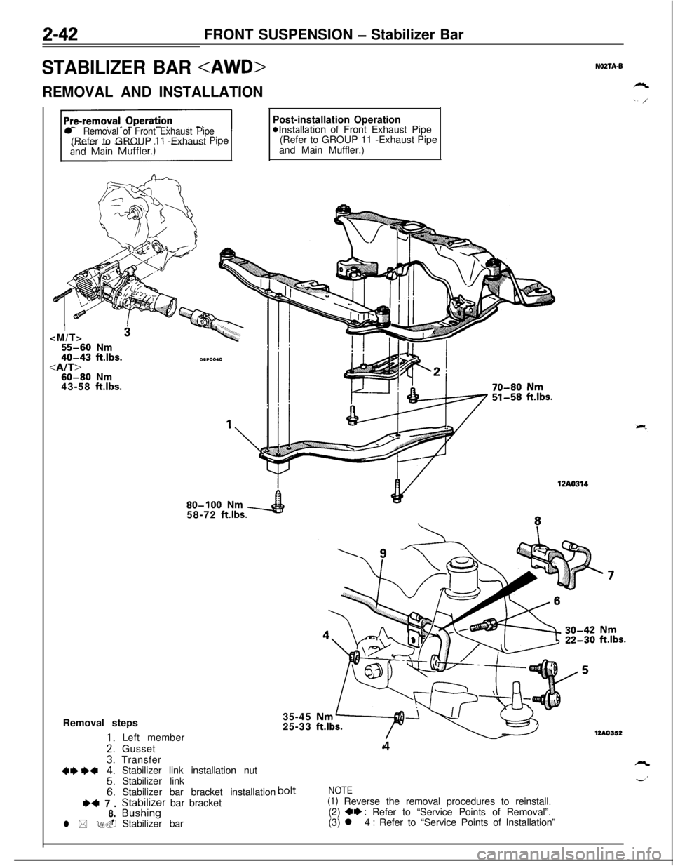 MITSUBISHI ECLIPSE 1991 Manual Online 2-42FRONT SUSPENSION - Stabilizer Bar
N02TA-BSTABILIZER BAR <AWD>
REMOVAL AND INSTALLATION
l Removal of Front Exhaust Pipe(Refer to GROUP 11 -Exhaust Pipe
I<M/T>8
55-60 Nm40-43 ftlbs.<A/T>60-80 Nm
43-