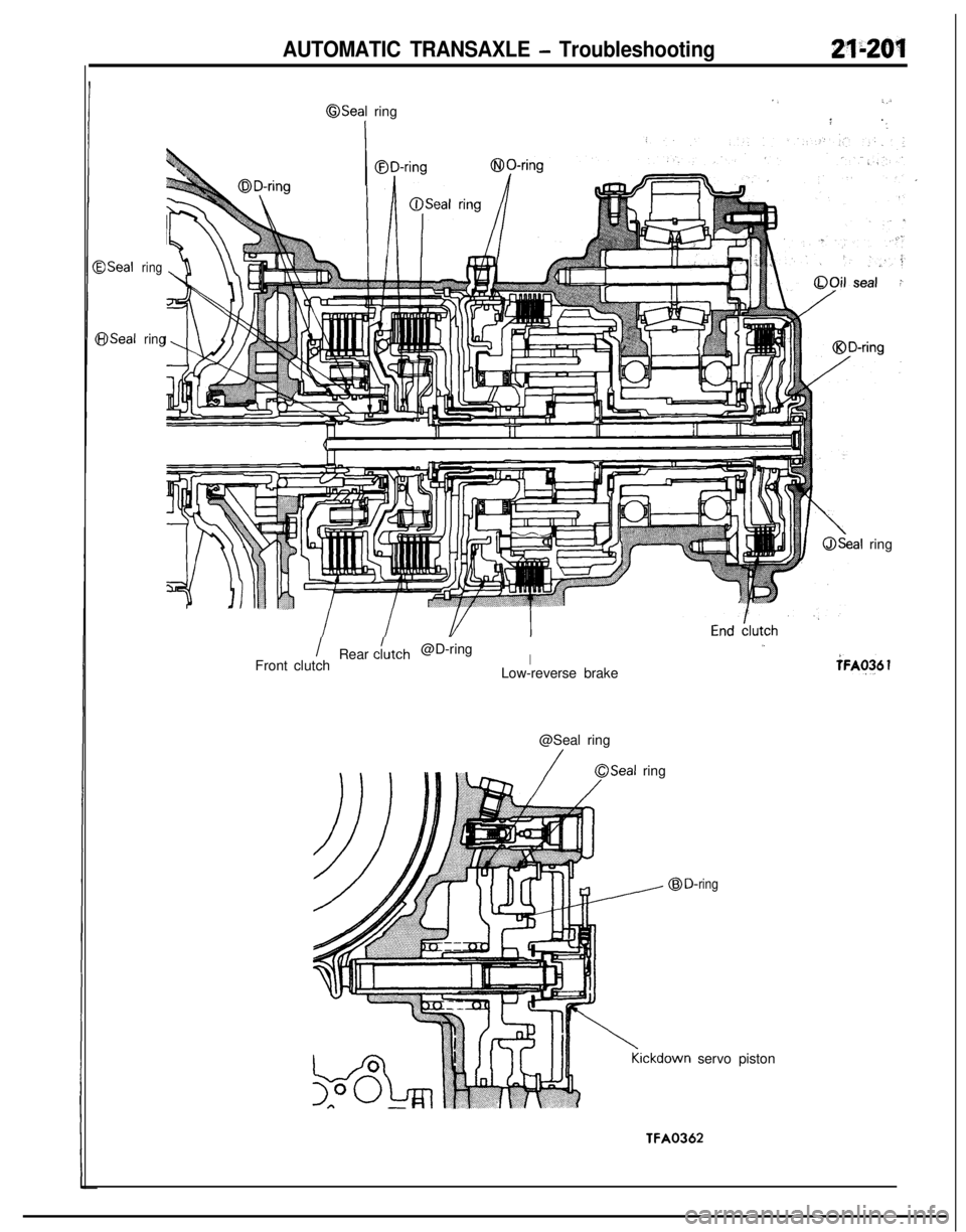 MITSUBISHI ECLIPSE 1991  Service Manual AUTOMATIC TRANSAXLE - Troubleshooting
BSeal
EiISealringring
OSeal ring
I
‘,:,l.
f:
eal ring
IRear c/utch@D-ringI
IFront clutch
Low-reverse brake
iFAq36 1@Seal ring
/OSeal ring
-ringservo piston
TFA0