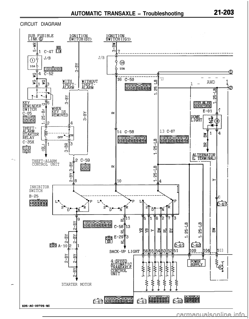 MITSUBISHI ECLIPSE 1991 Service Manual AUTOMATIC TRANSAXLE - Troubleshooting21-203
CIRCUIT DIAGRAM
J/B
63IOA
0
13l-----AWD1
cL
13 C-67
1
OUEiRaPPLl
--b
7
1
I
I
3
xl:- 71
03
4
I
L--
-----------------16 C-502zs
4
C-58
El
THEFT-ALARM
CON MITSUBISHI ECLIPSE 1991 Service Manual AUTOMATIC TRANSAXLE - Troubleshooting21-203
CIRCUIT DIAGRAM
J/B
63IOA
0
13l-----AWD1
cL
13 C-67
1
OUEiRaPPLl
--b
7
1
I
I
3
xl:- 71
03
4
I
L--
-----------------16 C-502zs
4
C-58
El
THEFT-ALARM
CON