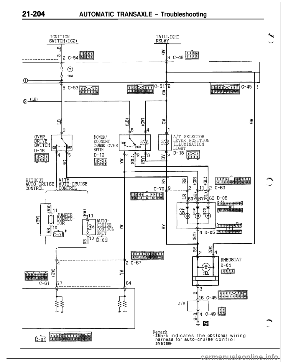 MITSUBISHI ECLIPSE 1991 Workshop Manual 21-204AUTOMATIC TRANSAXLE - Troubleshooting
c;_----__---___-.
IGNITIONSWITCH(IG2)0
?
3E-7r
0
1UA
\IEjC-53mJ
ca (LB)
POWER/
ECONOMY
;$;;E OVER "r-
D-19A, .
12l!i3Fl3453$
,F
IGHT
3 19 ~lo~ll~l2~la~lq1ql MITSUBISHI ECLIPSE 1991 Workshop Manual 21-204AUTOMATIC TRANSAXLE - Troubleshooting
c;_----__---___-.
IGNITIONSWITCH(IG2)0
?
3E-7r
0
1UA
\IEjC-53mJ
ca (LB)
POWER/
ECONOMY
;$;;E OVER "r-
D-19A, .
12l!i3Fl3453$
,F
IGHT
3 19 ~lo~ll~l2~la~lq1ql