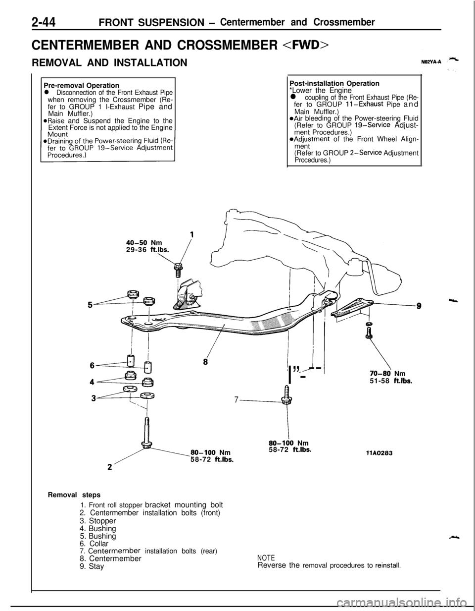 MITSUBISHI ECLIPSE 1991 Owners Guide 2-44FRONT SUSPENSION -Centermember and Crossmember
CENTERMEMBER AND CROSSMEMBER <FWD>
REMOVAL AND INSTALLATION
Pre-removal Operation
l Disconnection of the Front Exhaust Pipewhen removing the Crossmem MITSUBISHI ECLIPSE 1991 Owners Guide 2-44FRONT SUSPENSION -Centermember and Crossmember
CENTERMEMBER AND CROSSMEMBER <FWD>
REMOVAL AND INSTALLATION
Pre-removal Operation
l Disconnection of the Front Exhaust Pipewhen removing the Crossmem