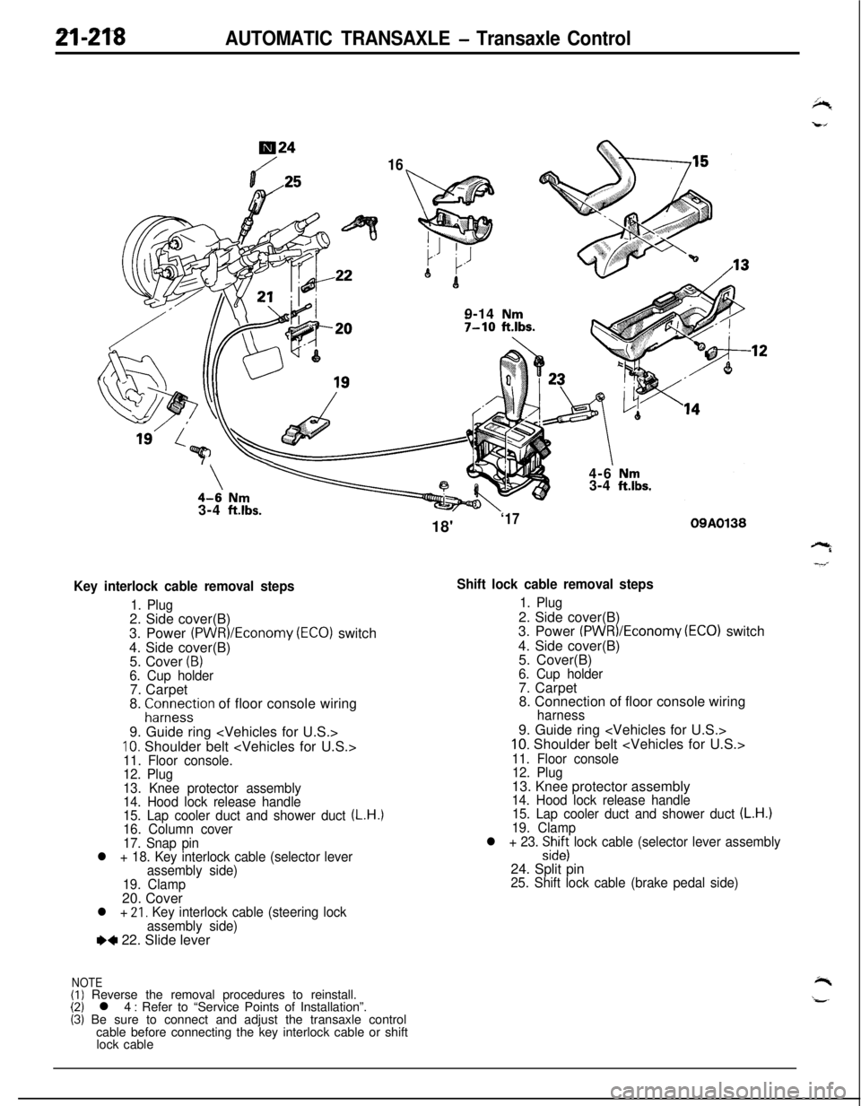 MITSUBISHI ECLIPSE 1991 Workshop Manual 2l-218AUTOMATIC TRANSAXLE - Transaxle Control
724
169-14
Nm7-10 ftlbs.7
\\4-6 Nm3-4 ft.lbs.3-4
ft.lbs.
Key interlock cable removal steps
1. Plug2. Side cover(B)
3. Power
(PWR)/Economy (ECO) switch
MITSUBISHI ECLIPSE 1991 Workshop Manual 2l-218AUTOMATIC TRANSAXLE - Transaxle Control
724
169-14
Nm7-10 ftlbs.7
\\4-6 Nm3-4 ft.lbs.3-4
ft.lbs.
Key interlock cable removal steps
1. Plug2. Side cover(B)
3. Power
(PWR)/Economy (ECO) switch