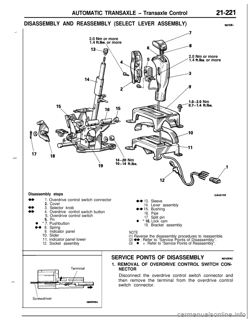 MITSUBISHI ECLIPSE 1991 User Guide AUTOMATIC TRANSAXLE - Transaxle Control
DISASSEMBLY AND REASSEMBLY (SELECT LEVER ASSEMBLY)N210E--2.0 Nm or more
1.4
ft.lbs. or more
2.0 Nm or more
1.4
ft.lbs. or more
/1.0-2.0 Nm0.7-1.4 ft.lbs.14-20 MITSUBISHI ECLIPSE 1991 User Guide AUTOMATIC TRANSAXLE - Transaxle Control
DISASSEMBLY AND REASSEMBLY (SELECT LEVER ASSEMBLY)N210E--2.0 Nm or more
1.4
ft.lbs. or more
2.0 Nm or more
1.4
ft.lbs. or more
/1.0-2.0 Nm0.7-1.4 ft.lbs.14-20
