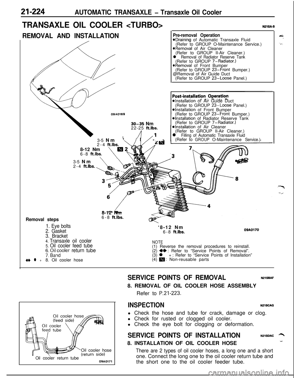 MITSUBISHI ECLIPSE 1991 User Guide 21-224AUTOMATIC TRANSAXLE - Transaxle Oil Cooler
TRANSAXLE OIL COOLER <TURBO>
REMOVAL AND INSTALLATION
OQA01691
30-35 Nm
22-25 ft.lbs.
/I1’
Removal steps
1. Eye bolts
2. Gasket3-5 Nm
‘\/I/ --
2-4 MITSUBISHI ECLIPSE 1991 User Guide 21-224AUTOMATIC TRANSAXLE - Transaxle Oil Cooler
TRANSAXLE OIL COOLER <TURBO>
REMOVAL AND INSTALLATION
OQA01691
30-35 Nm
22-25 ft.lbs.
/I1’
Removal steps
1. Eye bolts
2. Gasket3-5 Nm
‘\/I/ --
2-4