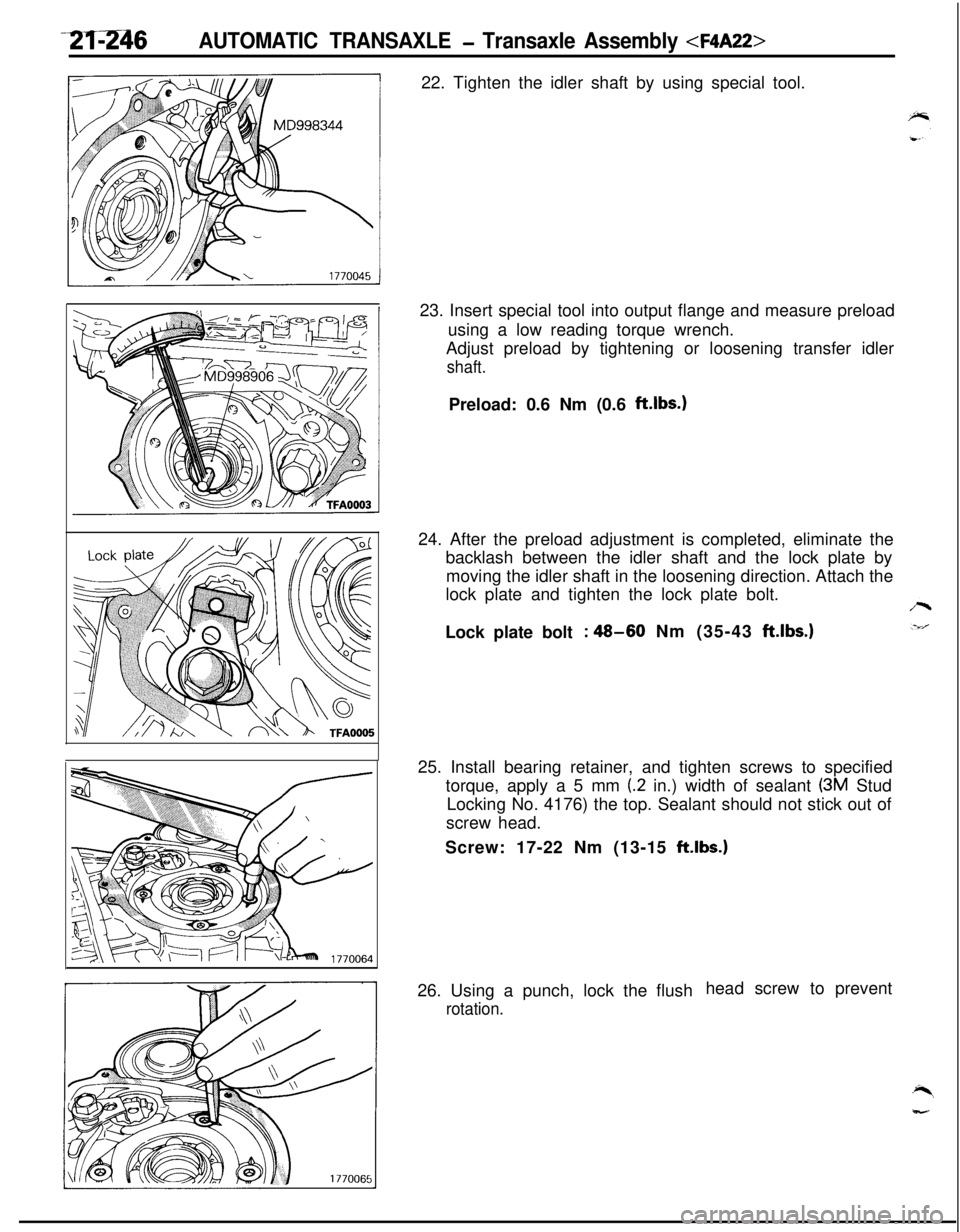 MITSUBISHI ECLIPSE 1991 User Guide -T1;;z2)6AUTOMATIC TRANSAXLE - Transaxle Assembly <F4A22>22. Tighten the idler shaft by using special tool.
23. Insert special tool into output flange and measure preload
using a low reading torque wr MITSUBISHI ECLIPSE 1991 User Guide -T1;;z2)6AUTOMATIC TRANSAXLE - Transaxle Assembly <F4A22>22. Tighten the idler shaft by using special tool.
23. Insert special tool into output flange and measure preload
using a low reading torque wr