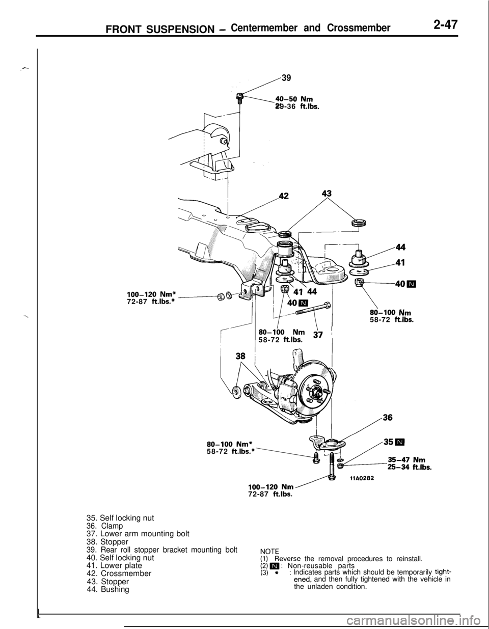 MITSUBISHI ECLIPSE 1991 User Guide .-FRONT SUSPENSION
-Centermember and Crossmember2-47
f
39
40-50 Nm
29-36 ft.lbs.
r---
100-120 Nm*
72-87 ft.lbs.*
80-100 Nm
JIY- \I58-72 ftlbs.
80-lb0 Nm 3\7 !58-72 ft.lbs.I
80-100 Nm*58-72 ft.lbs.*
1 MITSUBISHI ECLIPSE 1991 User Guide .-FRONT SUSPENSION
-Centermember and Crossmember2-47
f
39
40-50 Nm
29-36 ft.lbs.
r---
100-120 Nm*
72-87 ft.lbs.*
80-100 Nm
JIY- \I58-72 ftlbs.
80-lb0 Nm 3\7 !58-72 ft.lbs.I
80-100 Nm*58-72 ft.lbs.*
1