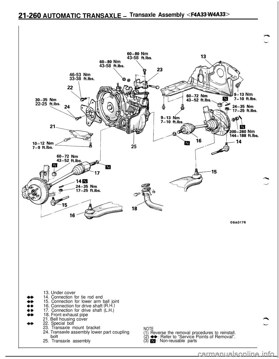 MITSUBISHI ECLIPSE 1991  Service Manual 21-260 AUTOMATIC TRANSAXLE -Transaxle Assembly <F4A33.W4A33>60-80 Nm
43-58 
ft.lbs.60-80 Nm
43-58 
ftlbs.46-53 Nm
33-38 ftlbs.30-35
22-25
/_ I/’
25
6113 Nm
DO-260 Nm144-188 ftlbs.
‘B---17-25 ftlbs