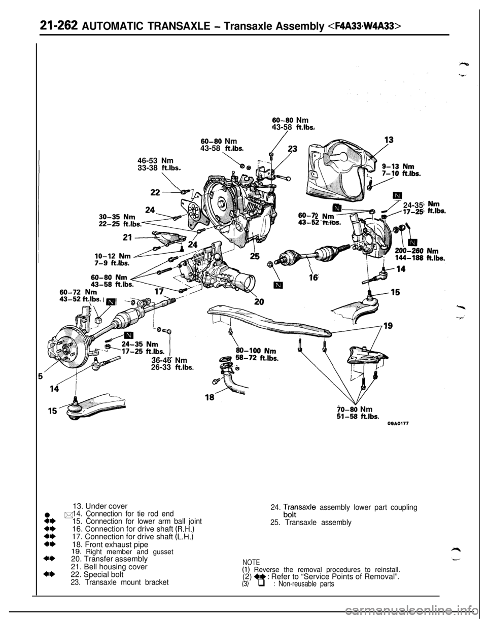 MITSUBISHI ECLIPSE 1991  Service Manual 21-262 AUTOMATIC TRANSAXLE - Transaxle Assembly <F4A33*W4A33>46-53 Nm
33-38 
ftlbs.
\60-80 Nm
43-58 
ftlbs.60-80 Nm
43-58 
ft.lbs.60-7243-52 
ft.jbs. I m
124-352Nrn’m-~ ad’ 17-25- _ __
36-46 Nm
26