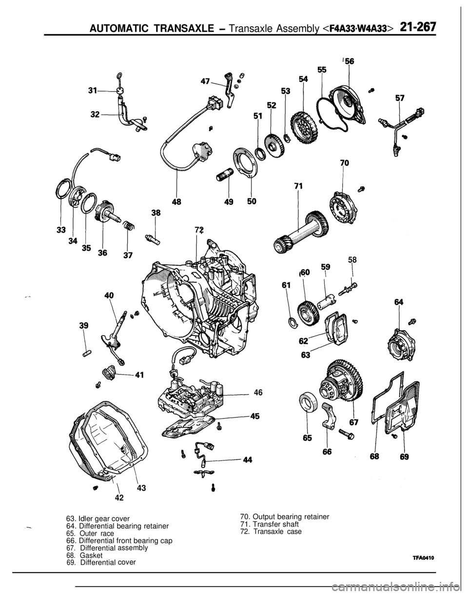 MITSUBISHI ECLIPSE 1991 Owners Manual AUTOMATIC TRANSAXLE - Transaxle Assembly <F4A33*W4A33> 21-26772
58
qo T9I
46
8\ 43
4270. Output bearing retainer
71. Transfer shaft
72. Transaxle case63. Idler gear cover
64. Differential bearing reta