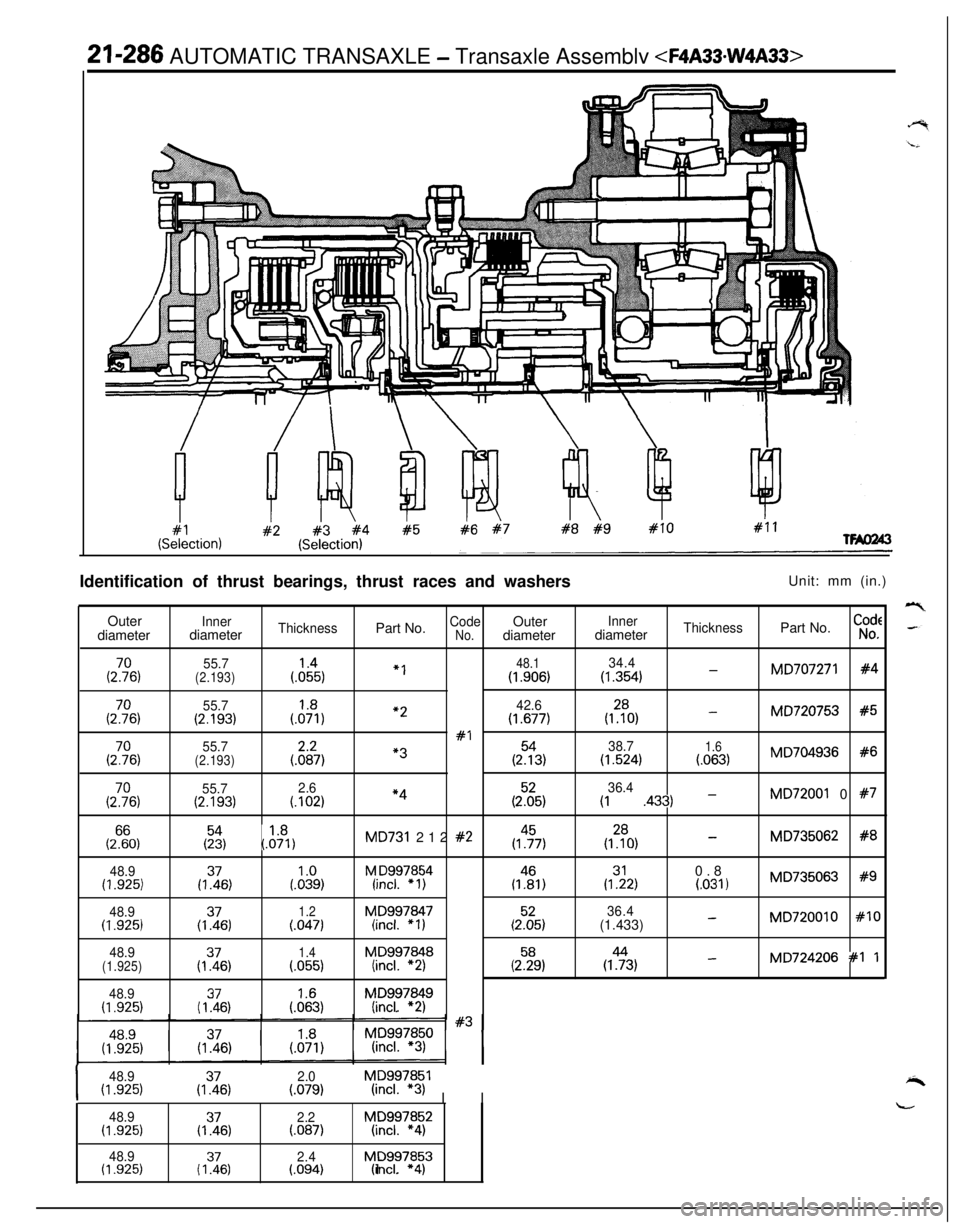 MITSUBISHI ECLIPSE 1991  Service Manual 21-286 AUTOMATIC TRANSAXLE - Transaxle Assemblv <F4A33.W4A33>Identification of thrust bearings, thrust races and washersUnit: mm (in.)
Outer
diameter(2?6,(2Y6,
(2’706,(27%(2T0,
48.9(I ,925)
48.9(I ,