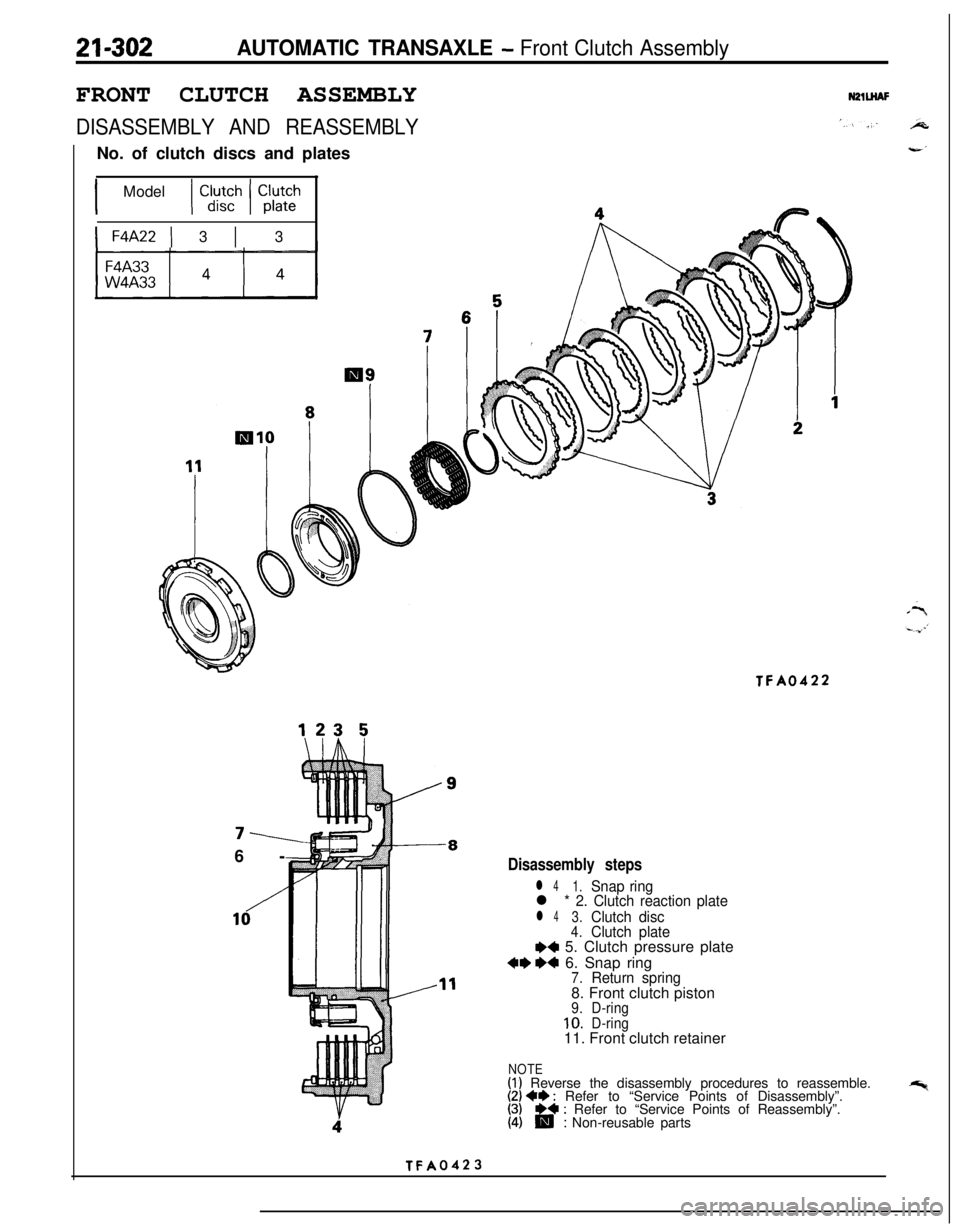 MITSUBISHI ECLIPSE 1991  Service Manual 21-302AUTOMATIC TRANSAXLE - Front Clutch AssemblyFRONT CLUTCH ASSEMBLY
DISASSEMBLY AND REASSEMBLYNo. of clutch discs and plates
1 Model ( Cldy;c,h ( Cl;,:“h
1 F4A22 ) 3 1 3
NZlUAF6-
TFA0422
Disassem