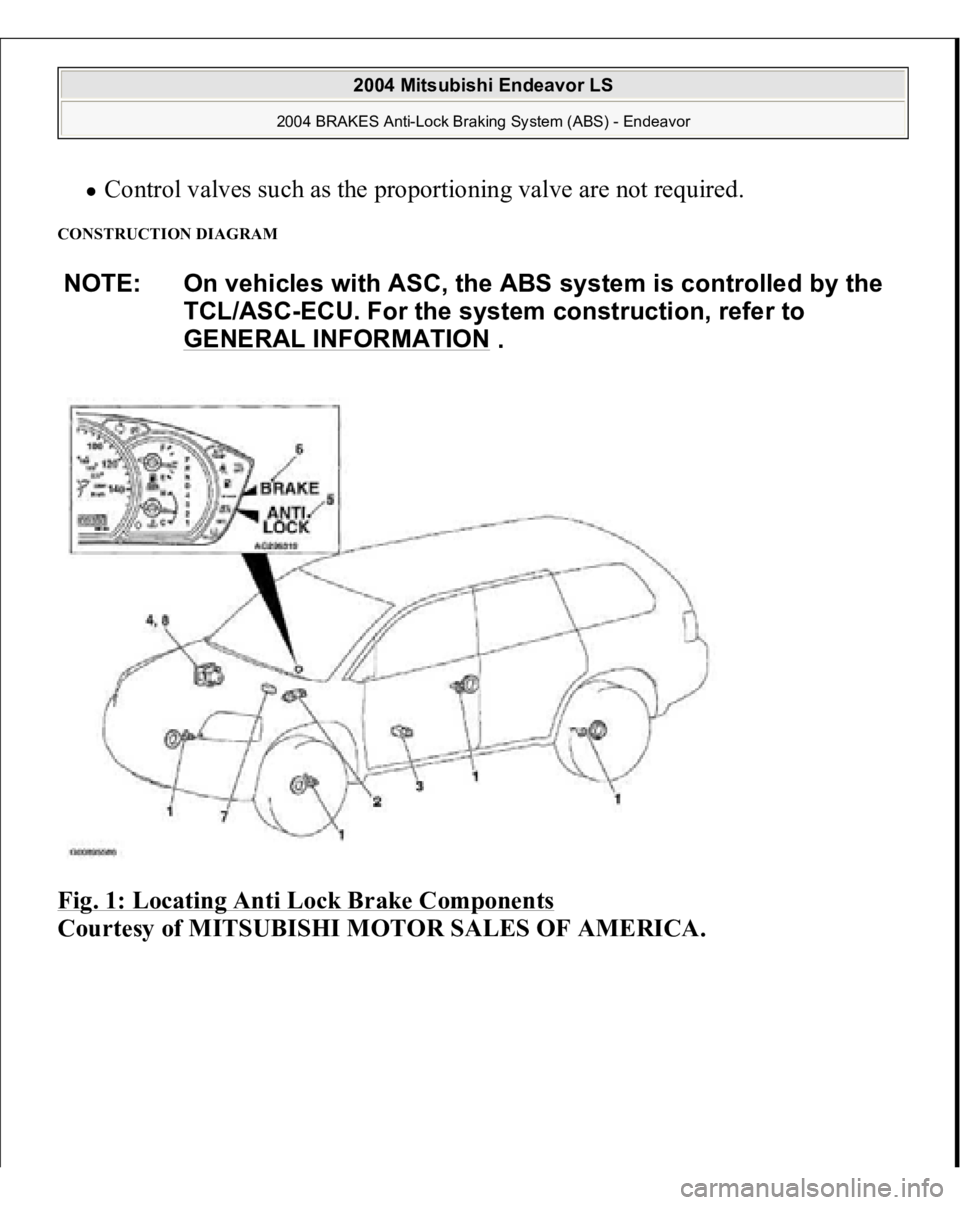 MITSUBISHI ENDEAVOR 2004  Service Repair Manual Control valves such as the proportioning valve are not required.  
CONSTRUCTION DIAGRAM Fig. 1: Locating Anti Lock Brake Components
 
Courtesy of MITSUBISHI MOTOR SALES OF AMERICA.NOTE: On vehicles wi