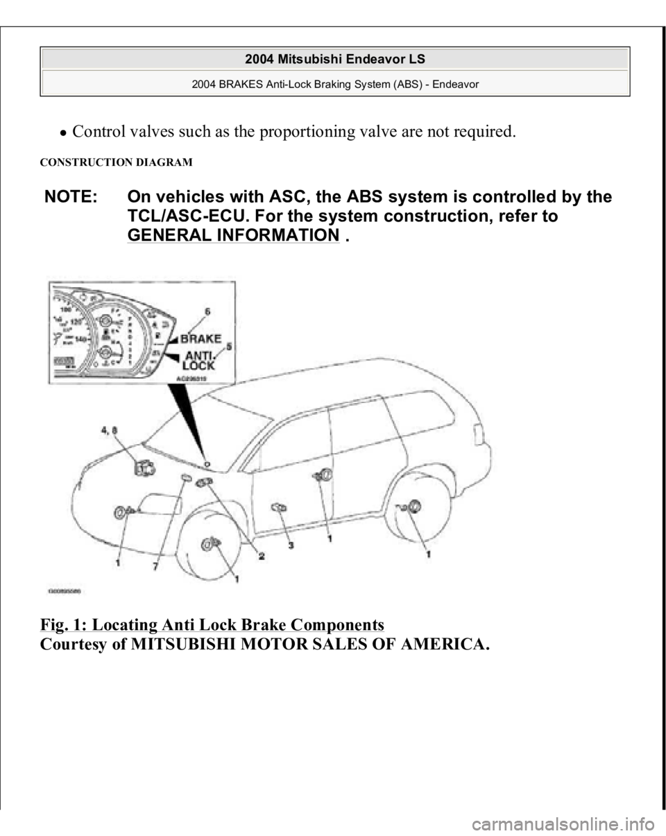 MITSUBISHI ENDEAVOR 2004 Service Repair Manual Control valves such as the proportioning valve are not required.
CONSTRUCTION DIAGRAM Fig. 1: Locating Anti Lock Brake Components
Courtesy of MITSUBISHI MOTOR SALES OF AMERICA.NOTE: On vehicles wi MITSUBISHI ENDEAVOR 2004 Service Repair Manual Control valves such as the proportioning valve are not required.
CONSTRUCTION DIAGRAM Fig. 1: Locating Anti Lock Brake Components
Courtesy of MITSUBISHI MOTOR SALES OF AMERICA.NOTE: On vehicles wi