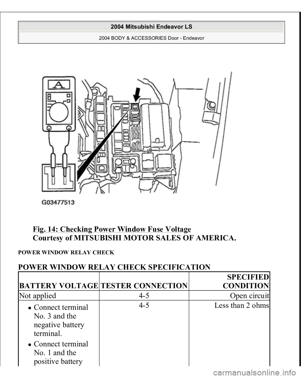 MITSUBISHI ENDEAVOR 2004  Service Repair Manual Fig. 14: Checking Power Window Fuse Voltage
 
Courtesy of MITSUBISHI MOTOR SALES OF AMERICA. 
POWER WINDOW RELAY CHECK POWER WINDOW RELAY CHECK SPECIFICATION BATTERY VOLTAGE
TESTER CONNECTION
SPECIFIE