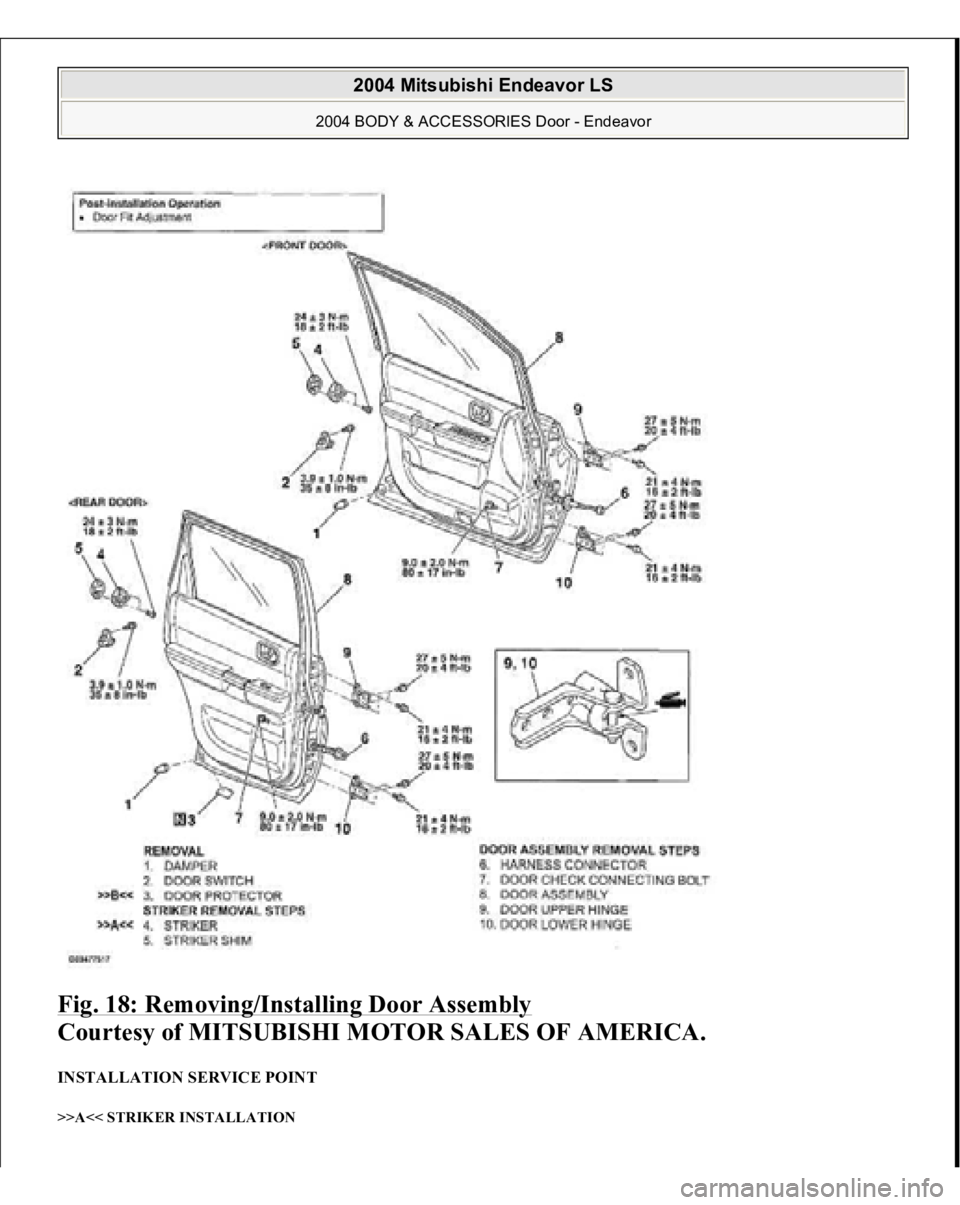 MITSUBISHI ENDEAVOR 2004  Service Repair Manual Fig. 18: Removing/Installing Door Assembly
 
Courtesy of MITSUBISHI MOTOR SALES OF AMERICA. 
INSTALLATION SERVICE POINT >>A<< STRIKER INSTALLATION  
2004 Mitsubishi Endeavor LS 
2004 BODY & ACCESSORIE