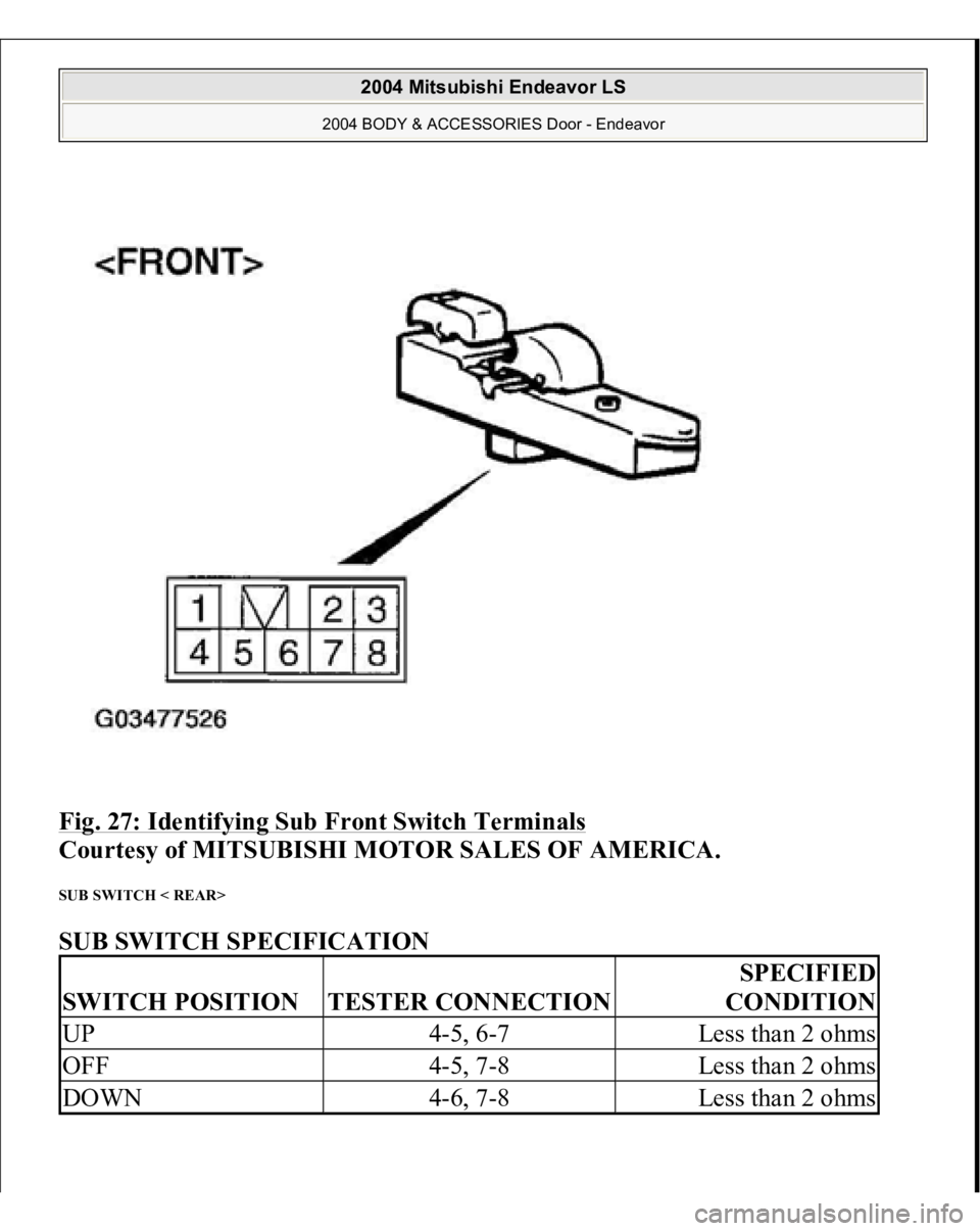 MITSUBISHI ENDEAVOR 2004  Service Repair Manual Fig. 27: Identifying Sub Front Switch Terminals
 
Courtesy of MITSUBISHI MOTOR SALES OF AMERICA. 
SUB SWITCH < REAR> SUB SWITCH SPECIFICATION SWITCH POSITION
TESTER CONNECTION
SPECIFIED 
CONDITION
UP
