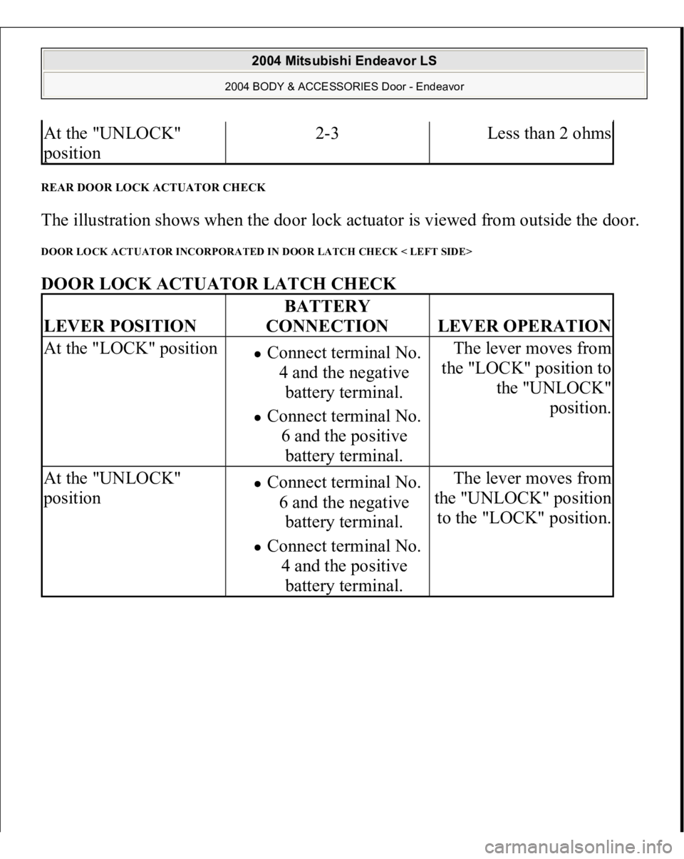 MITSUBISHI ENDEAVOR 2004  Service Repair Manual REAR DOOR LOCK ACTUATOR CHECK The illustration shows when the door lock actuator is viewed from outside the door. DOOR LOCK ACTUATOR INCORPORATED IN DOOR LATCH CHECK < LEFT SIDE> DOOR LOCK ACTUATOR LA