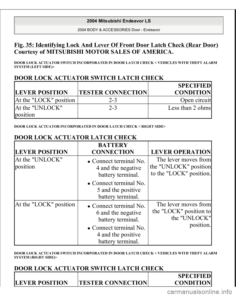 MITSUBISHI ENDEAVOR 2004 Service Repair Manual Fig. 35: Identifying Lock And Lever Of Front Door Latch Check (Rear Door)
Courtesy of MITSUBISHI MOTOR SALES OF AMERICA.
DOOR LOCK ACTUATOR SWITCH INCORPORATED IN DOOR LATCH CHECK < VEHICLES WITH T MITSUBISHI ENDEAVOR 2004 Service Repair Manual Fig. 35: Identifying Lock And Lever Of Front Door Latch Check (Rear Door)
Courtesy of MITSUBISHI MOTOR SALES OF AMERICA.
DOOR LOCK ACTUATOR SWITCH INCORPORATED IN DOOR LATCH CHECK < VEHICLES WITH T