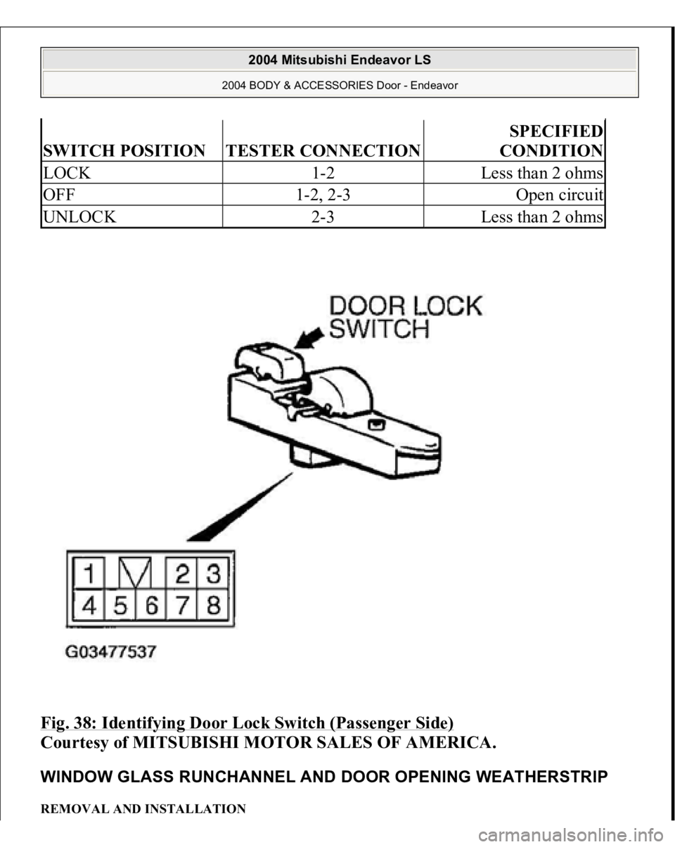 MITSUBISHI ENDEAVOR 2004  Service Repair Manual Fig. 38: Identifying Door Lock Switch (Passenger Side)
 
Courtesy of MITSUBISHI MOTOR SALES OF AMERICA. 
WINDOW GLASS RUNCHANNEL AND DOOR OPENING WEATHERSTRIP REMOVAL AND INSTALLATION SWITCH POSITION
