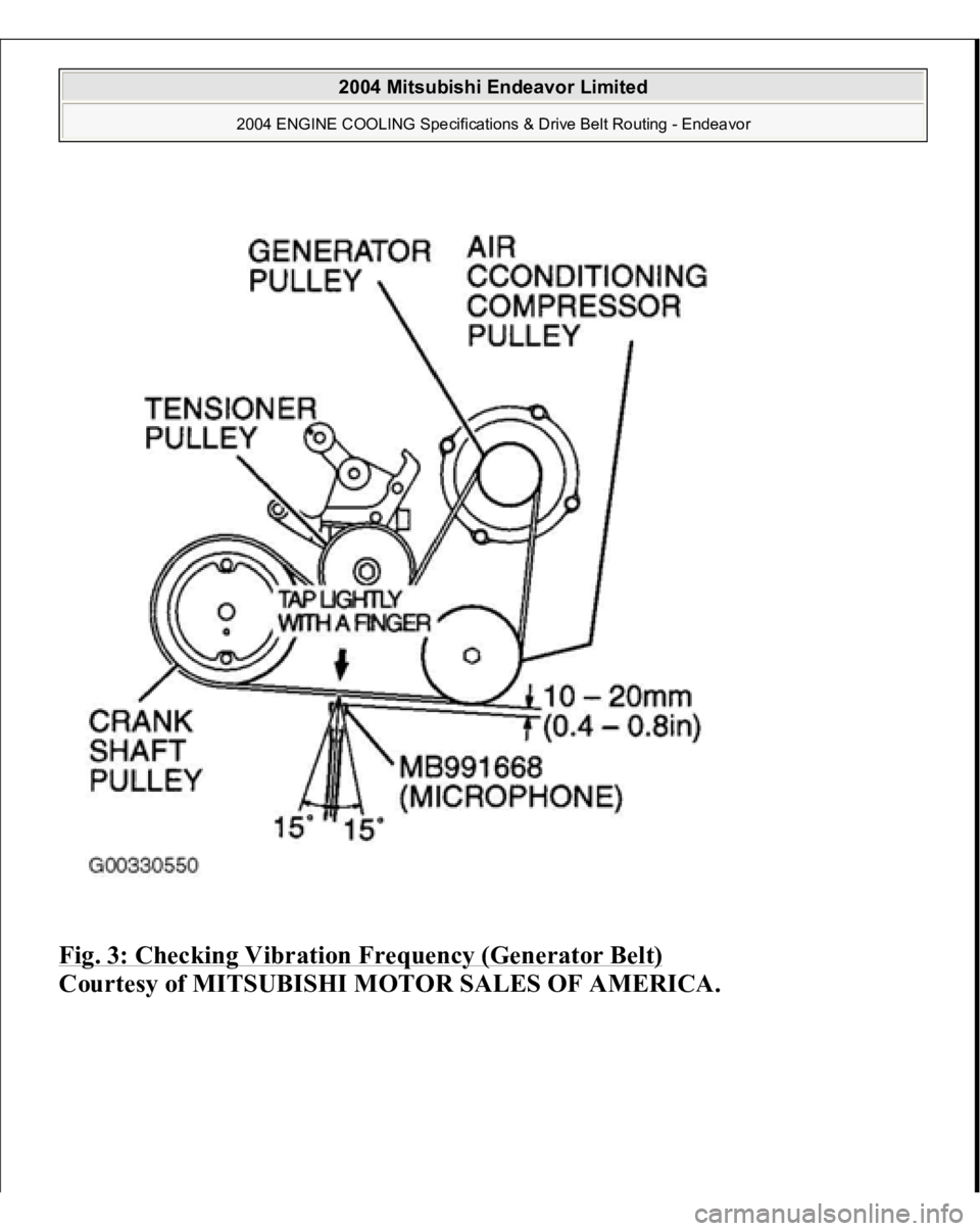 MITSUBISHI ENDEAVOR 2004  Service Repair Manual Fig. 3: Checking Vibration Frequency (Generator Belt)
 
Courtesy of MITSUBISHI MOTOR SALES OF AMERICA.
 
2004 Mitsubishi Endeavor Limited 
2004 ENGINE COOLING Specifications & Drive Belt Routing - End