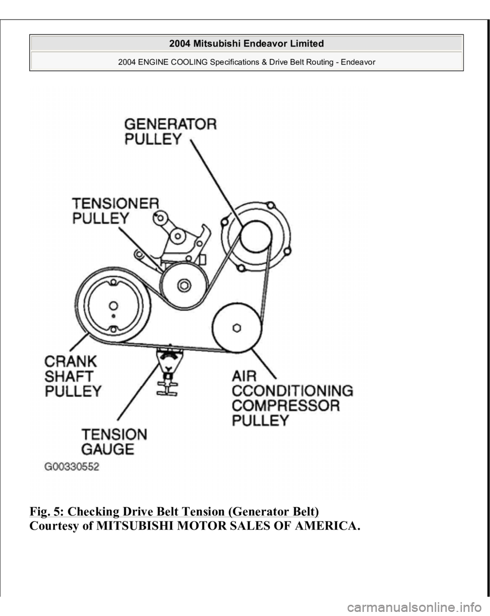 MITSUBISHI ENDEAVOR 2004  Service Repair Manual Fig. 5: Checking Drive Belt Tension (Generator Belt)
 
Courtesy of MITSUBISHI MOTOR SALES OF AMERICA.
 
2004 Mitsubishi Endeavor Limited 
2004 ENGINE COOLING Specifications & Drive Belt Routing - Ende