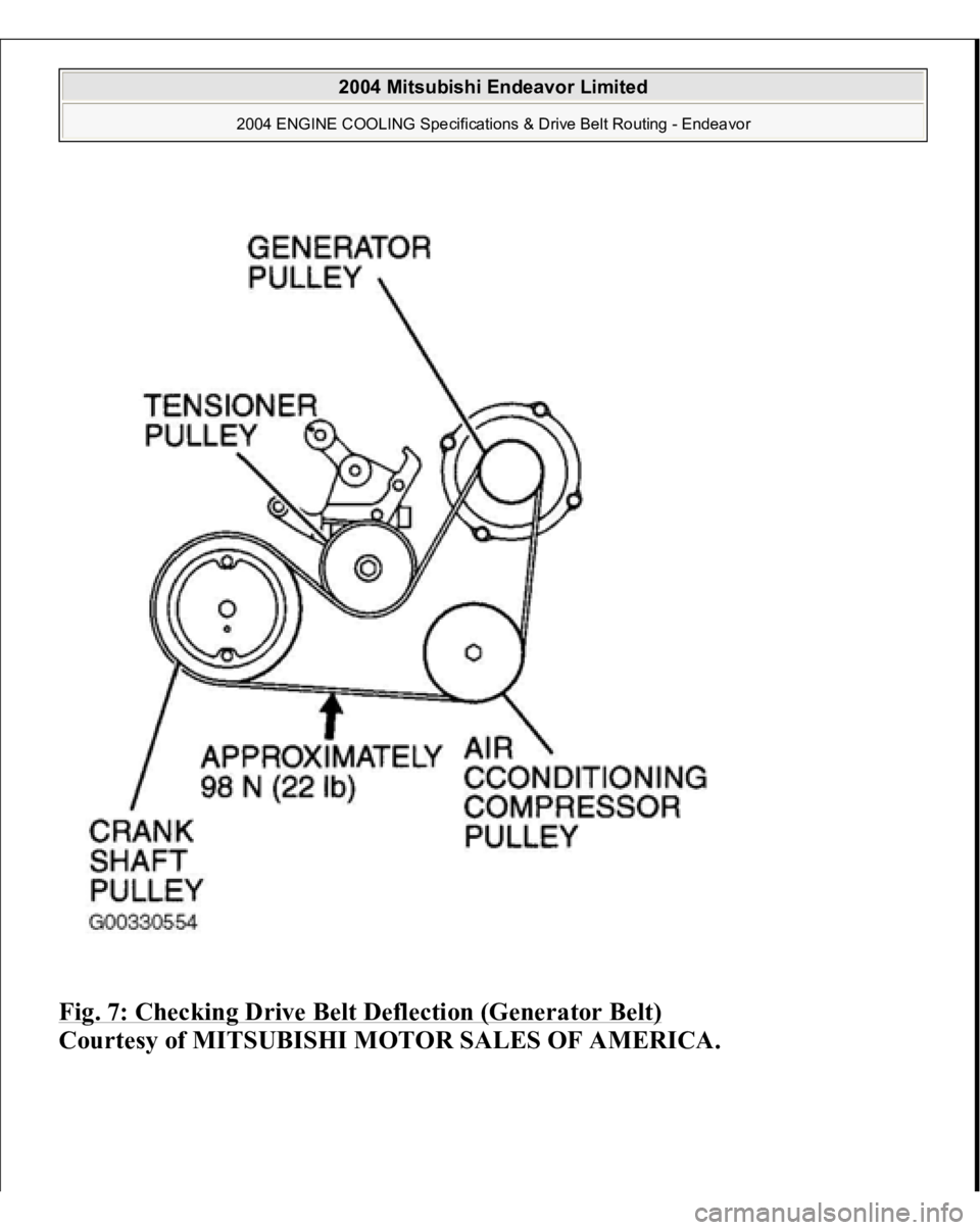 MITSUBISHI ENDEAVOR 2004  Service Repair Manual Fig. 7: Checking Drive Belt Deflection (Generator Belt)
 
Courtes
y of MITSUBISHI MOTOR SALES OF AMERICA
.
 
2004 Mitsubishi Endeavor Limited 
2004 ENGINE COOLING Specifications & Drive Belt Routing -