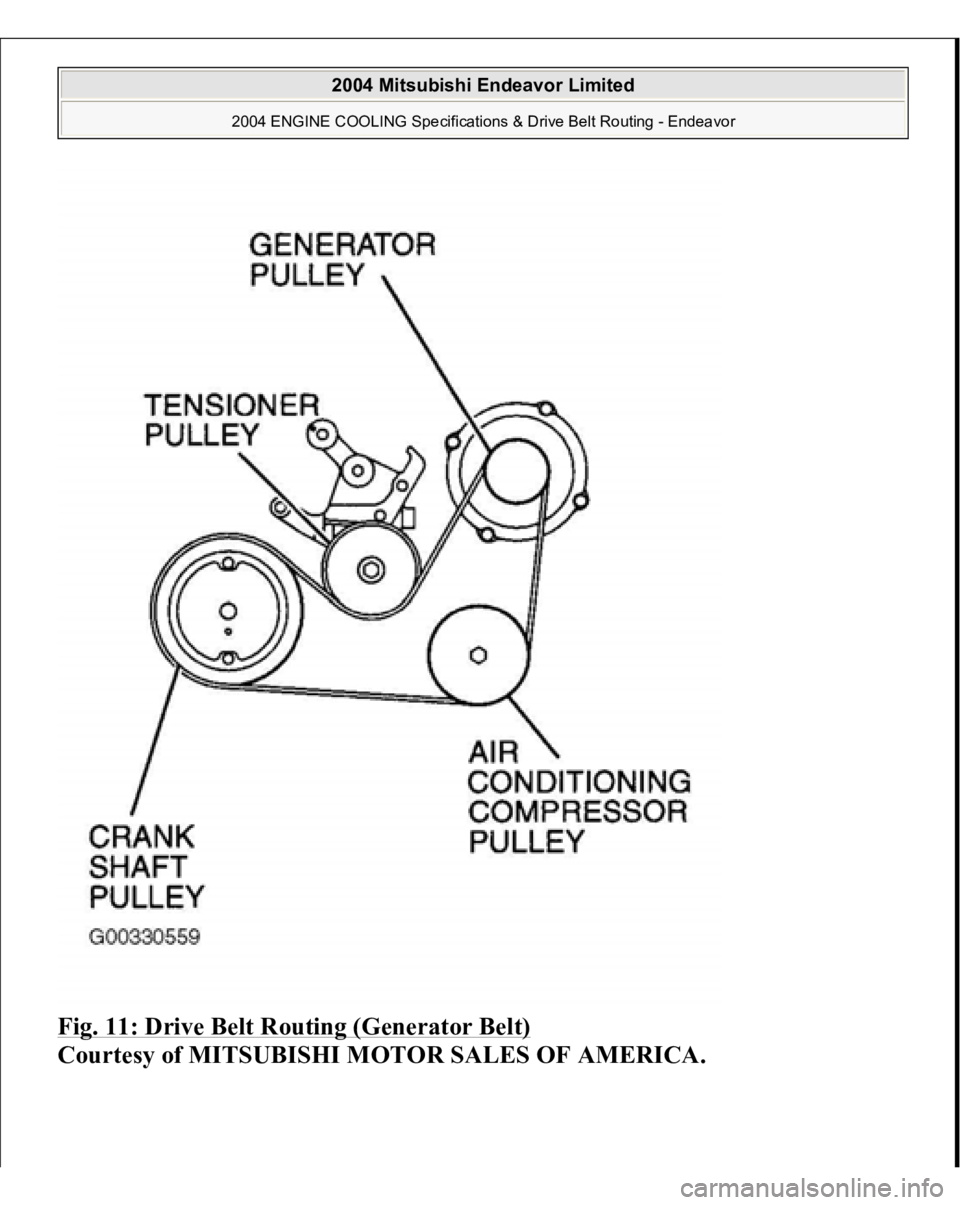 MITSUBISHI ENDEAVOR 2004  Service Repair Manual Fig. 11: Drive Belt Routing (Generator Belt)
 
Courtesy of MITSUBISHI MOTOR SALES OF AMERICA.
 
2004 Mitsubishi Endeavor Limited 
2004 ENGINE COOLING Specifications & Drive Belt Routing - Endeavor
   