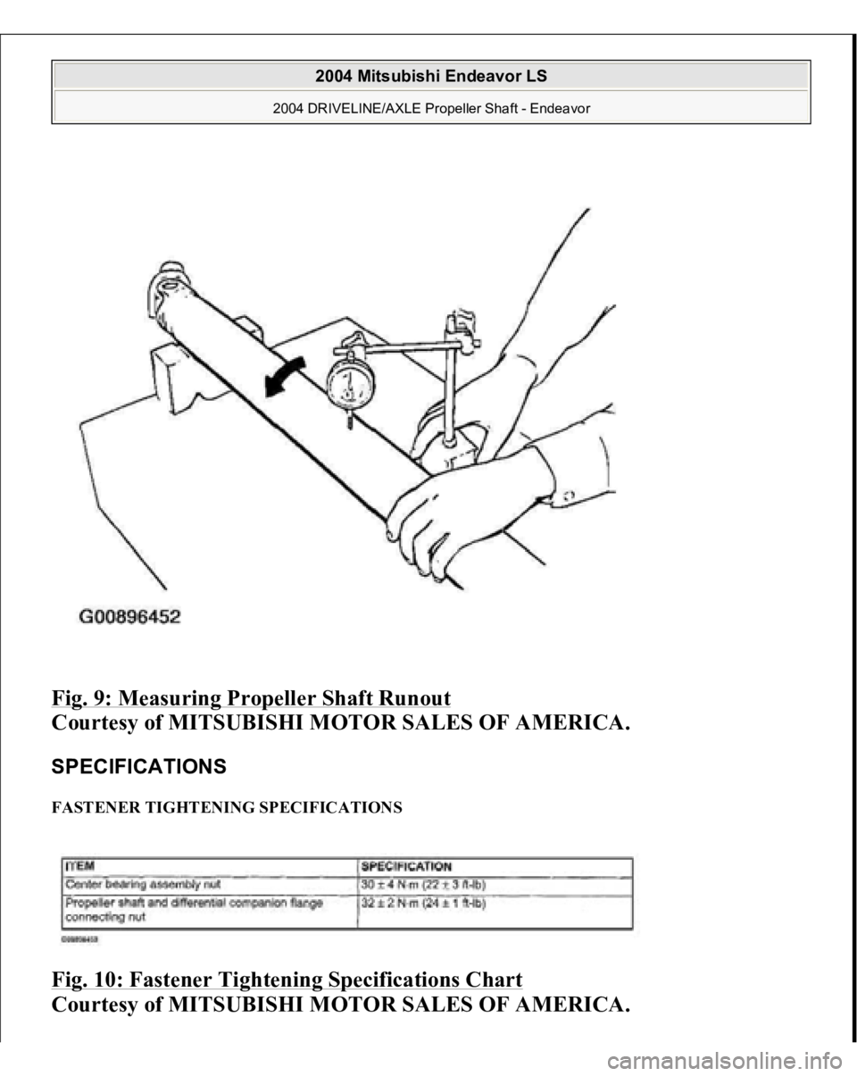 MITSUBISHI ENDEAVOR 2004  Service Repair Manual Fig. 9: Measuring Propeller Shaft Runout
 
Courtesy of MITSUBISHI MOTOR SALES OF AMERICA. 
SPECIFICATIONS FASTENER TIGHTENING SPECIFICATIONS Fig. 10: Fastener Tightening Specifications Chart
 
Courtes