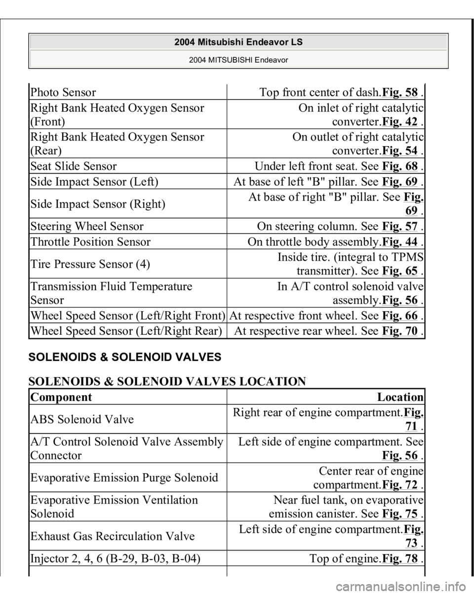 MITSUBISHI ENDEAVOR 2004  Service Repair Manual SOLENOIDS & SOLENOID VALVES SOLENOIDS & SOLENOID VALVES LOCATION Photo Sensor
Top front center of dash.Fig. 58
 .
Right Bank Heated Oxygen Sensor 
(Front)
On inlet of right catalytic 
converter.Fig. 4