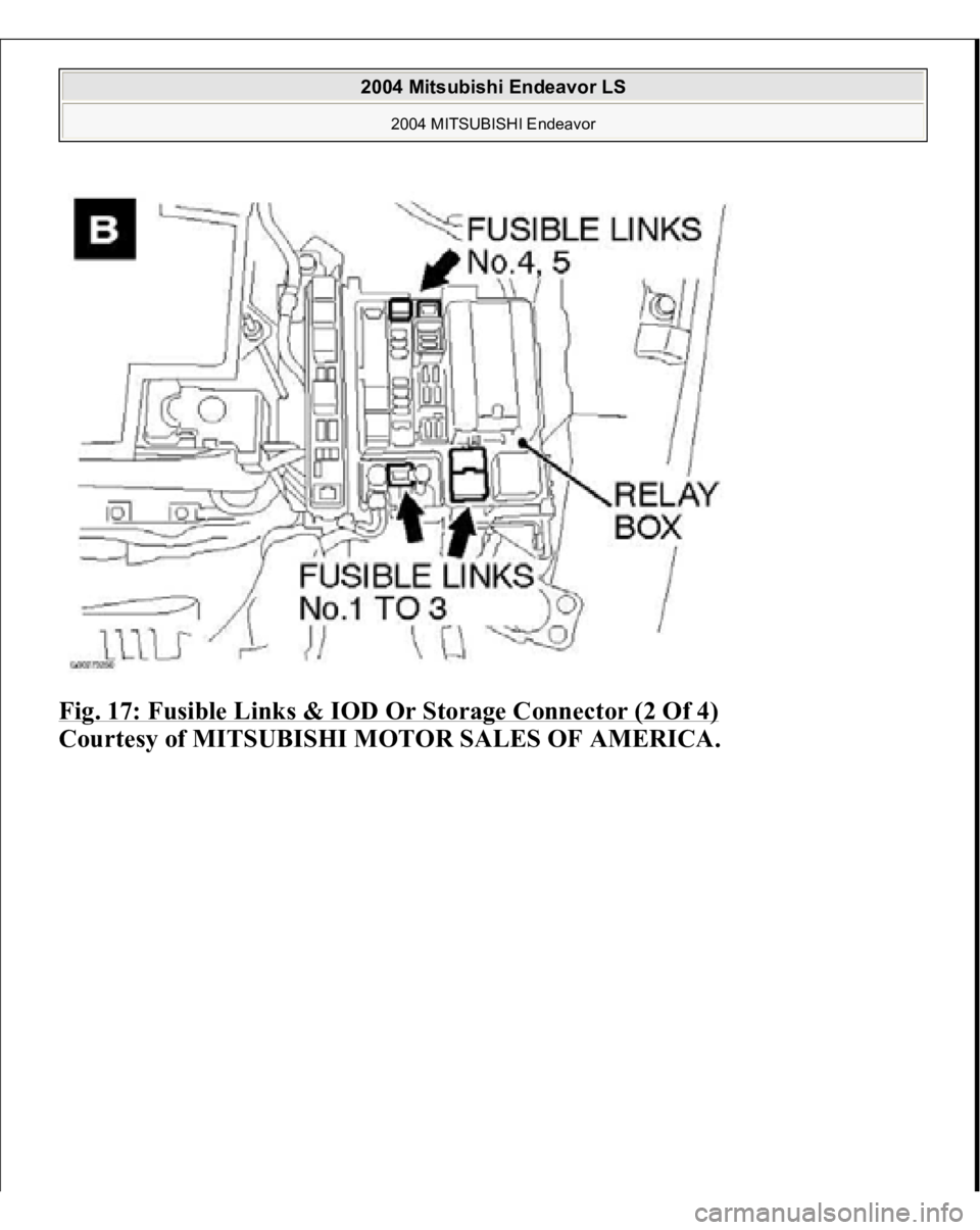 MITSUBISHI ENDEAVOR 2004  Service Repair Manual Fig. 17: Fusible Links & IOD Or Storage Connector (2 Of 4)
 
Courtesy of MITSUBISHI MOTOR SALES OF AMERICA.
 
2004 Mitsubishi Endeavor LS 
2004 MITSUBISHI Endeavor
   