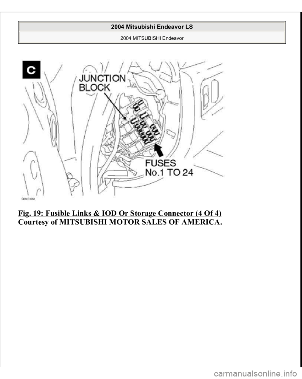 MITSUBISHI ENDEAVOR 2004  Service Repair Manual Fig. 19: Fusible Links & IOD Or Storage Connector (4 Of 4)
 
Courtes
y of MITSUBISHI MOTOR SALES OF AMERICA
.
 
2004 Mitsubishi Endeavor LS 
2004 MITSUBISHI Endeavor
   
