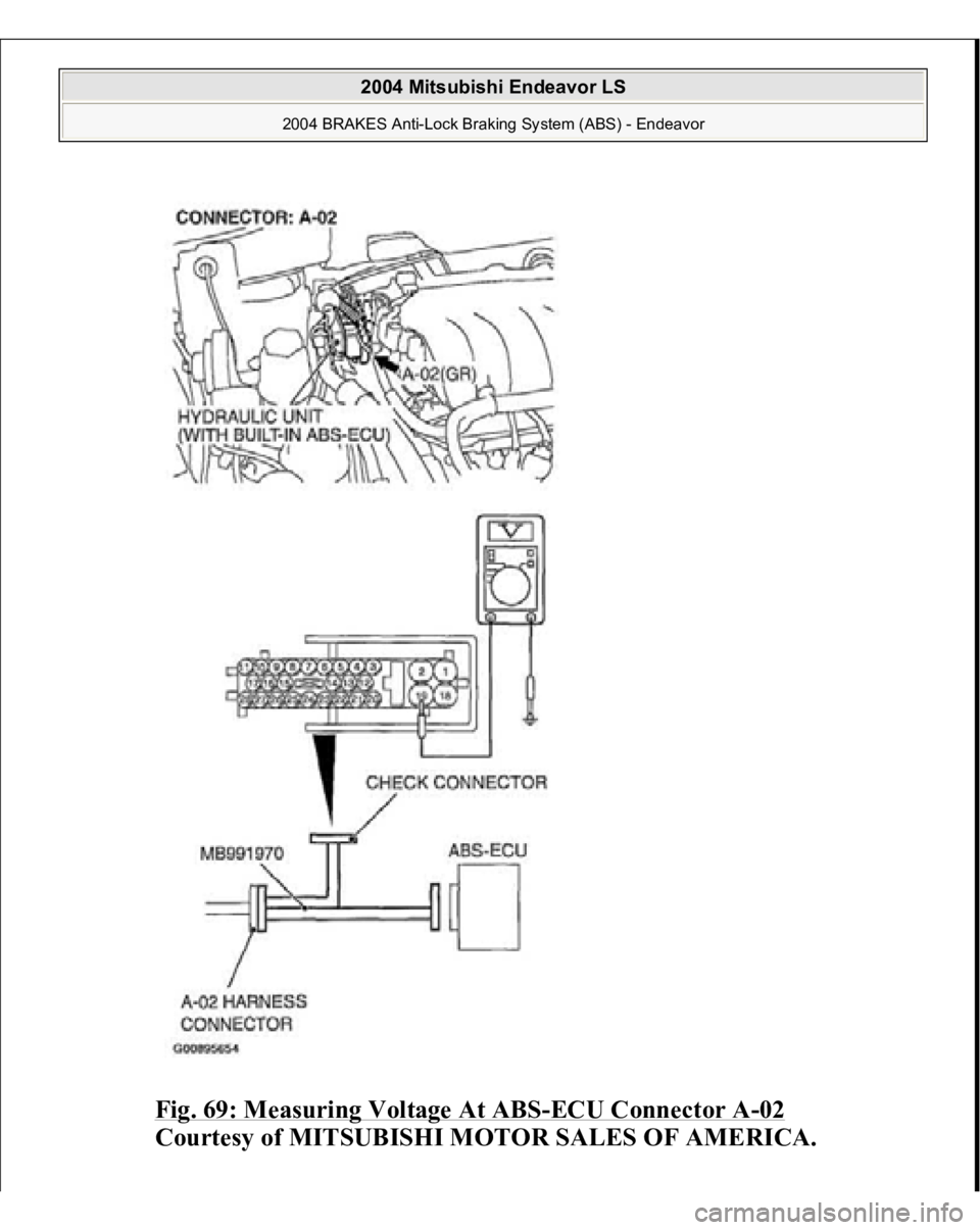MITSUBISHI ENDEAVOR 2004  Service Repair Manual Fig. 69: Measuring Voltage At ABS
-ECU Connector A
-02 
Courtesy of MITSUBISHI MOTOR SALES OF AMERICA.
 
2004 Mitsubishi Endeavor LS 
2004 BRAKES Anti-Lock Braking System (ABS) - Endeavor
   
