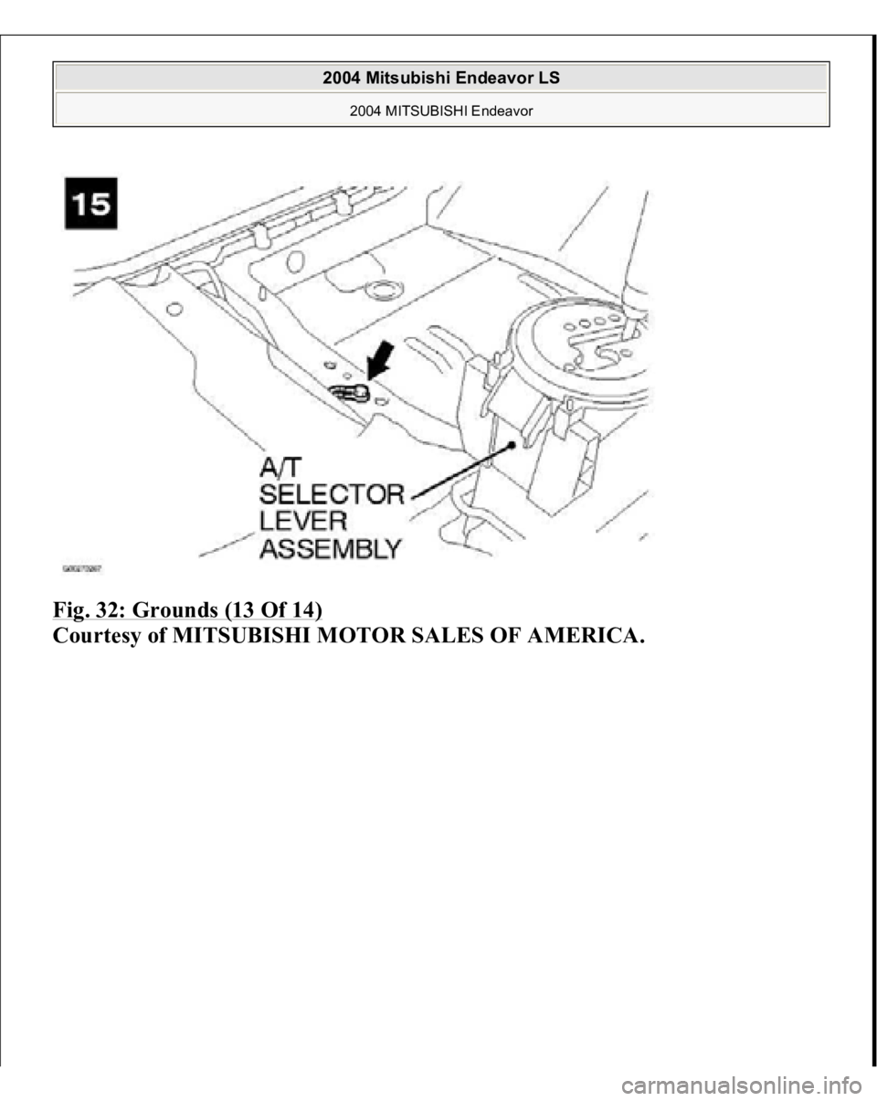 MITSUBISHI ENDEAVOR 2004 Service Repair Manual Fig. 32: Grounds (13 Of 14)
Courtes
y of MITSUBISHI MOTOR SALES OF AMERICA
.
2004 Mitsubishi Endeavor LS
2004 MITSUBISHI Endeavor
MITSUBISHI ENDEAVOR 2004 Service Repair Manual Fig. 32: Grounds (13 Of 14)
Courtes
y of MITSUBISHI MOTOR SALES OF AMERICA
.
2004 Mitsubishi Endeavor LS
2004 MITSUBISHI Endeavor