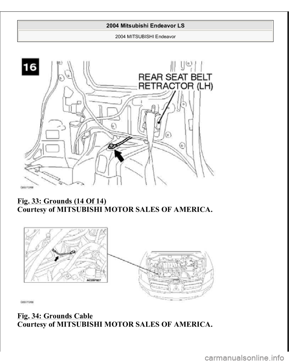 MITSUBISHI ENDEAVOR 2004 Service Repair Manual Fig. 33: Grounds (14 Of 14)
Courtesy of MITSUBISHI MOTOR SALES OF AMERICA.
Fig. 34: Grounds Cable
Courtesy of MITSUBISHI MOTOR SALES OF AMERICA.
2004 Mitsubishi Endeavor LS
2004 MITSUBISHI End MITSUBISHI ENDEAVOR 2004 Service Repair Manual Fig. 33: Grounds (14 Of 14)
Courtesy of MITSUBISHI MOTOR SALES OF AMERICA.
Fig. 34: Grounds Cable
Courtesy of MITSUBISHI MOTOR SALES OF AMERICA.
2004 Mitsubishi Endeavor LS
2004 MITSUBISHI End