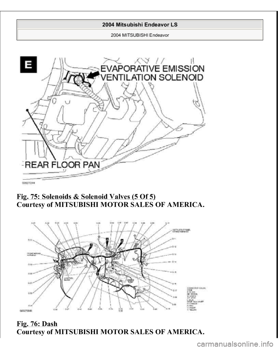 MITSUBISHI ENDEAVOR 2004  Service Repair Manual Fig. 75: Solenoids & Solenoid Valves (5 Of 5)
 
Courtesy of MITSUBISHI MOTOR SALES OF AMERICA. 
Fig. 76: Dash
 
Courtesy of MITSUBISHI MOTOR SALES OF AMERICA.
 
2004 Mitsubishi Endeavor LS 
2004 MITSU