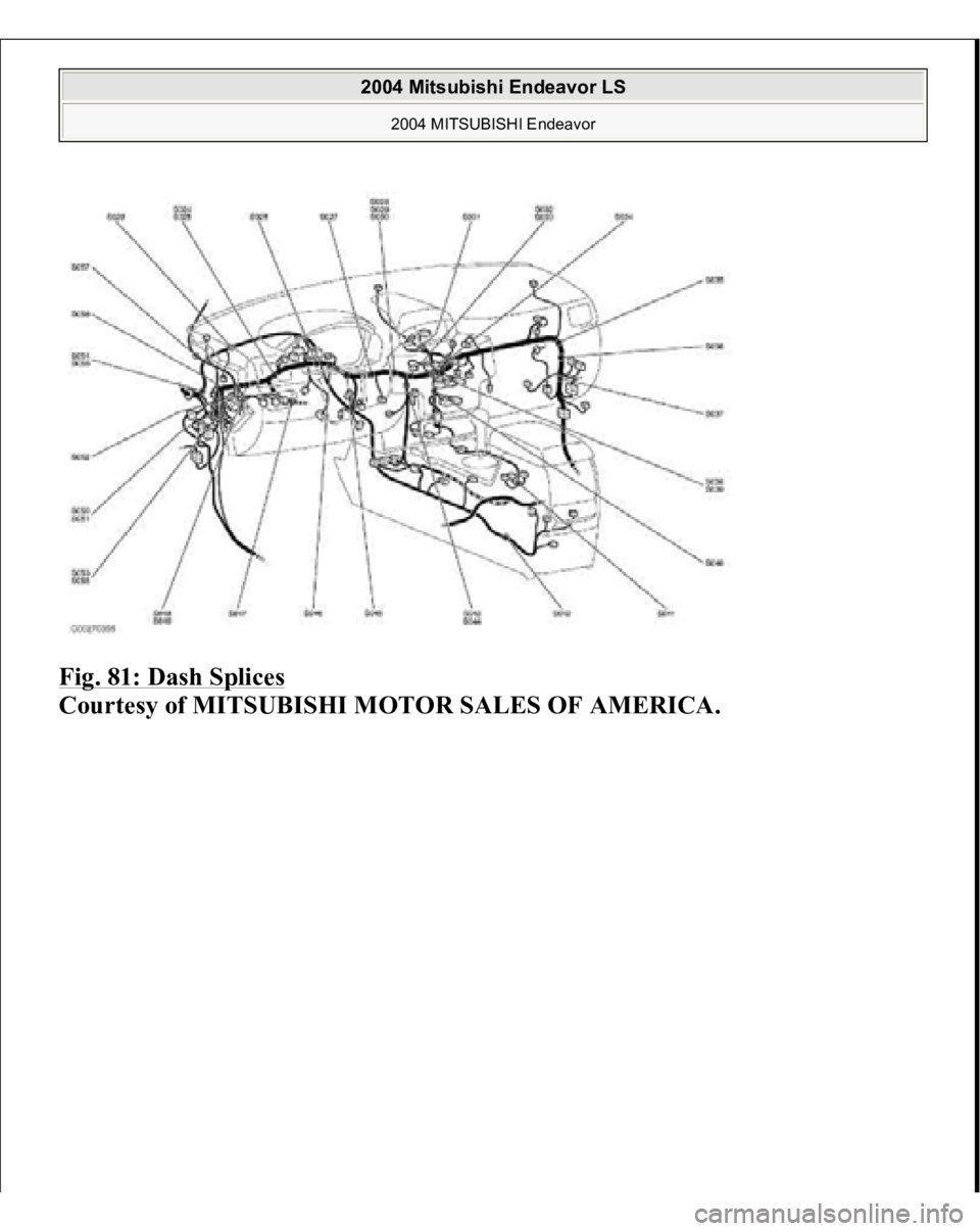 MITSUBISHI ENDEAVOR 2004  Service Repair Manual Fig. 81: Dash Splices
 
Courtesy of MITSUBISHI MOTOR SALES OF AMERICA.
 
2004 Mitsubishi Endeavor LS 
2004 MITSUBISHI Endeavor
   