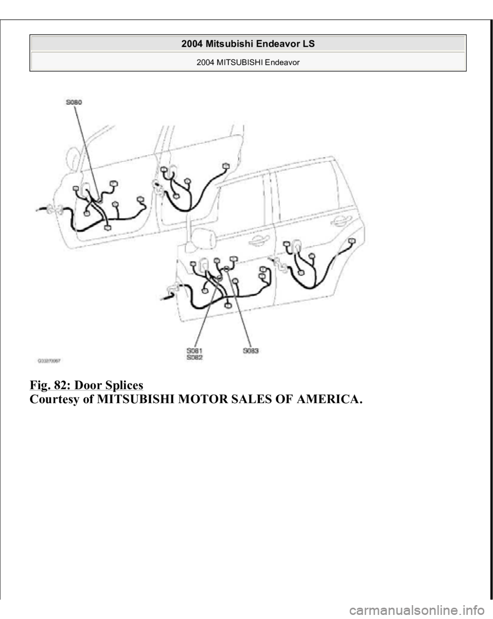 MITSUBISHI ENDEAVOR 2004  Service Repair Manual Fig. 82: Door Splices
 
Courtesy of MITSUBISHI MOTOR SALES OF AMERICA.
 
2004 Mitsubishi Endeavor LS 
2004 MITSUBISHI Endeavor
   
