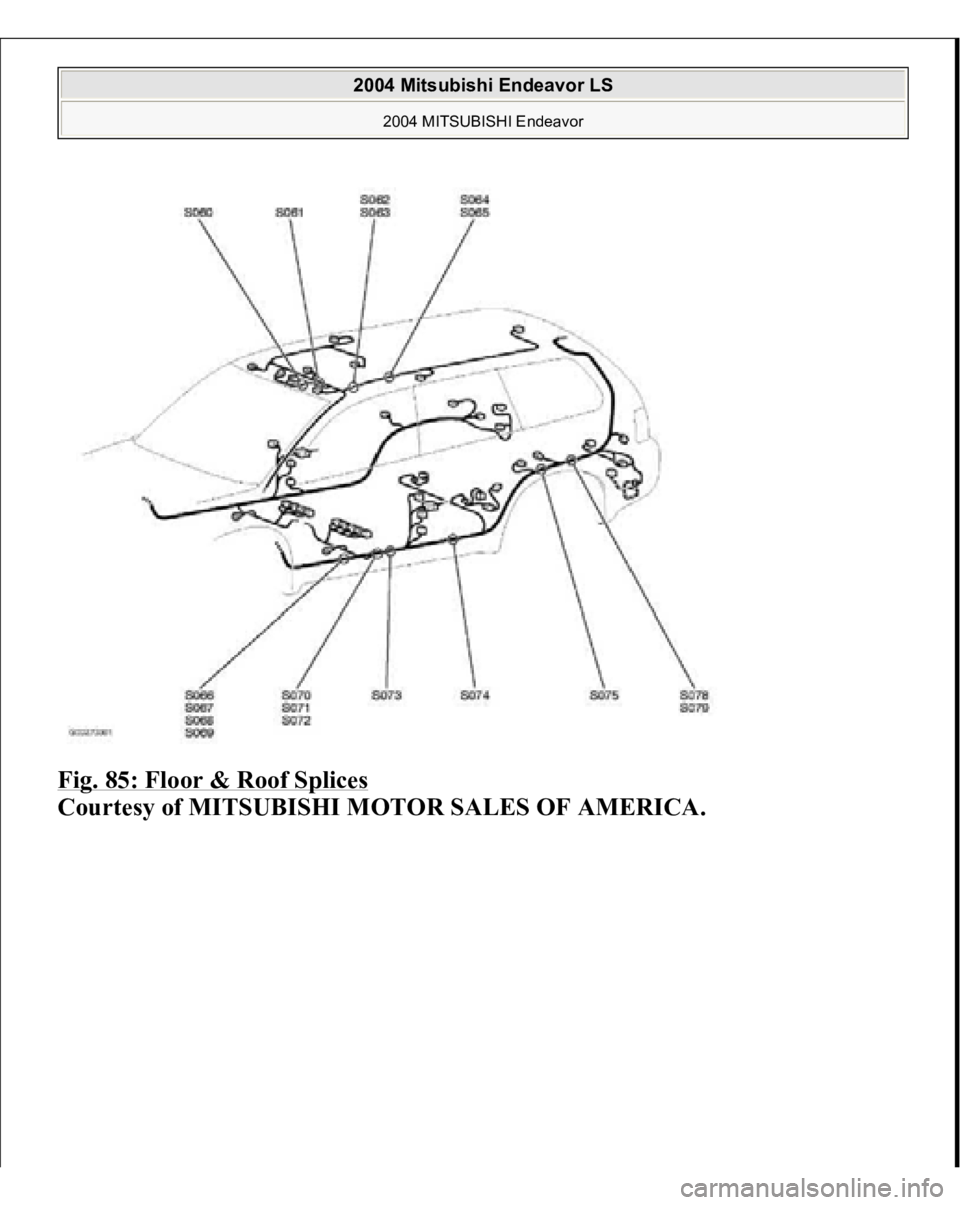 MITSUBISHI ENDEAVOR 2004  Service Repair Manual Fig. 85: Floor & Roof Splices
 
Courtesy of MITSUBISHI MOTOR SALES OF AMERICA.
 
2004 Mitsubishi Endeavor LS 
2004 MITSUBISHI Endeavor
   