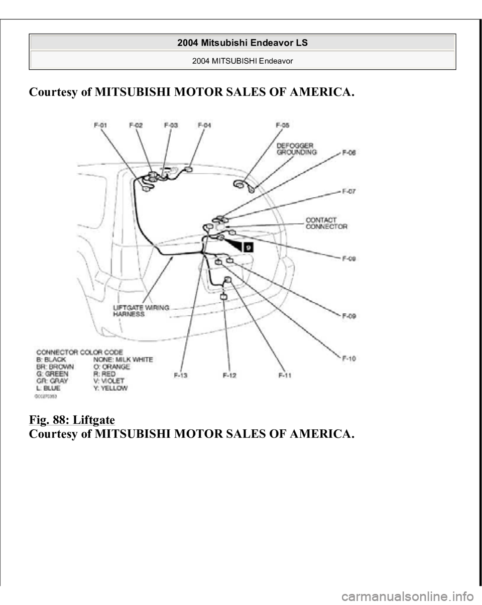 MITSUBISHI ENDEAVOR 2004 Service Repair Manual Courtesy of MITSUBISHI MOTOR SALES OF AMERICA
.
Fig. 88: Liftgate
Courtesy of MITSUBISHI MOTOR SALES OF AMERICA.
2004 Mitsubishi Endeavor LS
2004 MITSUBISHI Endeavor
MITSUBISHI ENDEAVOR 2004 Service Repair Manual Courtesy of MITSUBISHI MOTOR SALES OF AMERICA
.
Fig. 88: Liftgate
Courtesy of MITSUBISHI MOTOR SALES OF AMERICA.
2004 Mitsubishi Endeavor LS
2004 MITSUBISHI Endeavor