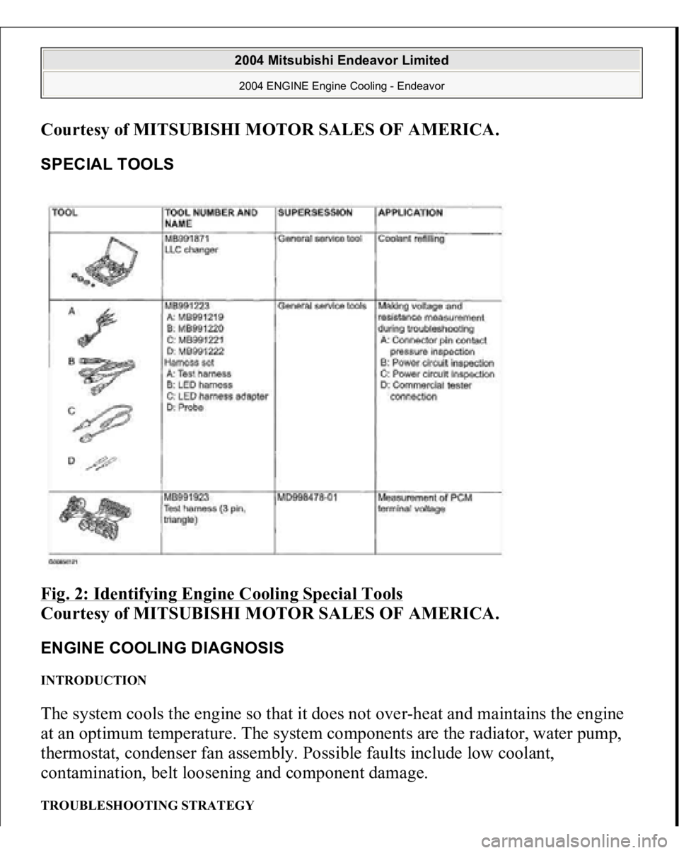 MITSUBISHI ENDEAVOR 2004 Service Repair Manual Courtesy of MITSUBISHI MOTOR SALES OF AMERICA
.
SPECIAL TOOLS Fig. 2: Identifying Engine Cooling Special Tools
Courtesy of MITSUBISHI MOTOR SALES OF AMERICA.
ENGINE COOLING DIAGNOSIS INTRODUCTION MITSUBISHI ENDEAVOR 2004 Service Repair Manual Courtesy of MITSUBISHI MOTOR SALES OF AMERICA
.
SPECIAL TOOLS Fig. 2: Identifying Engine Cooling Special Tools
Courtesy of MITSUBISHI MOTOR SALES OF AMERICA.
ENGINE COOLING DIAGNOSIS INTRODUCTION